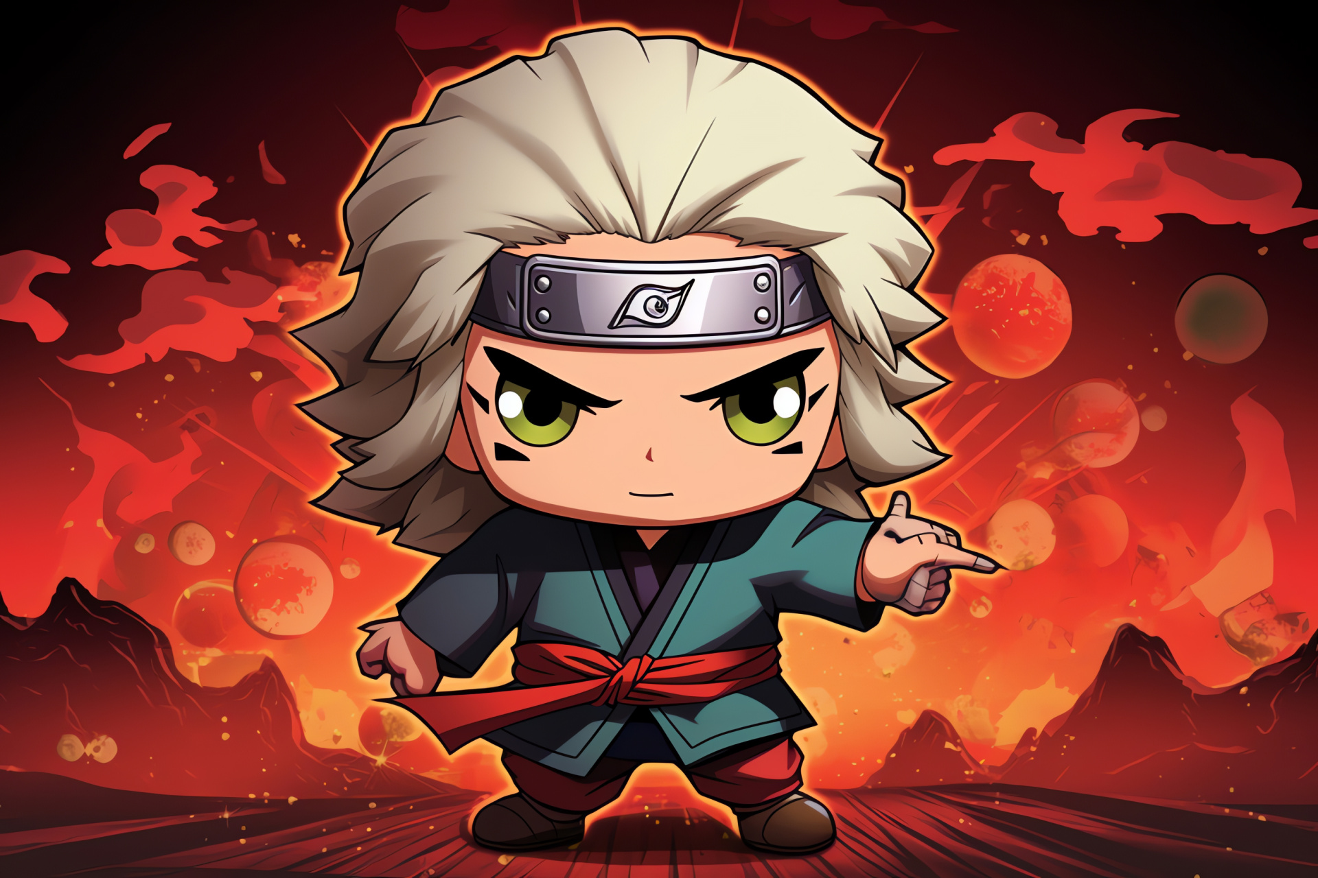 Jiraiya sensei, Chibi format, Dark eyes sage, Ancient scroll, Multicolor backdrop, HD Desktop Image