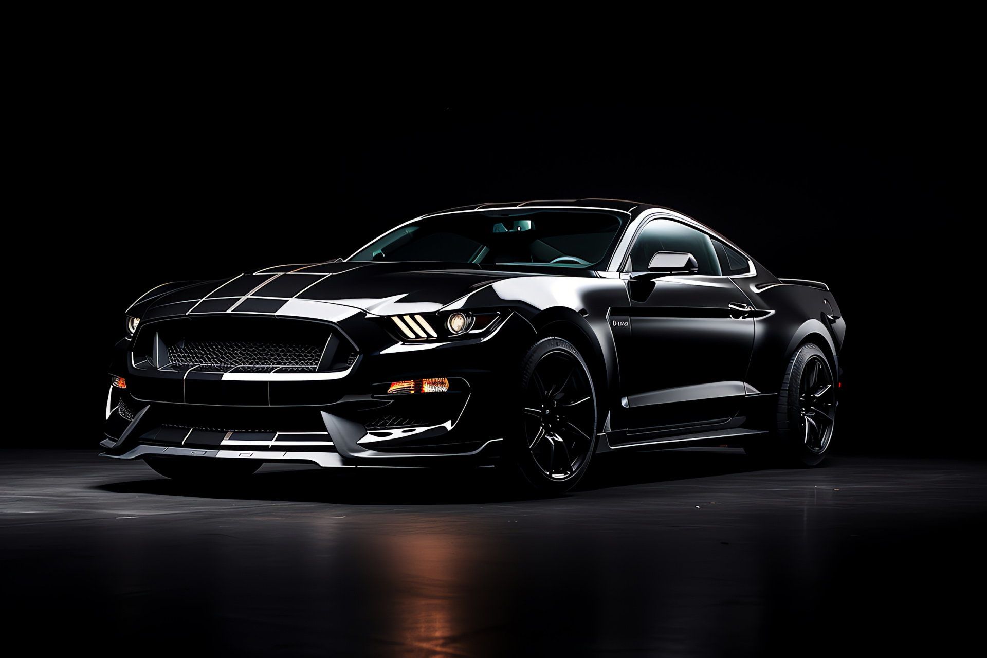 Silhouette distinct Mustang, Pitch-black automotive canvas, Overhead vehicle shot, Stark car contrast, Lone automotive wolf, HD Desktop Wallpaper