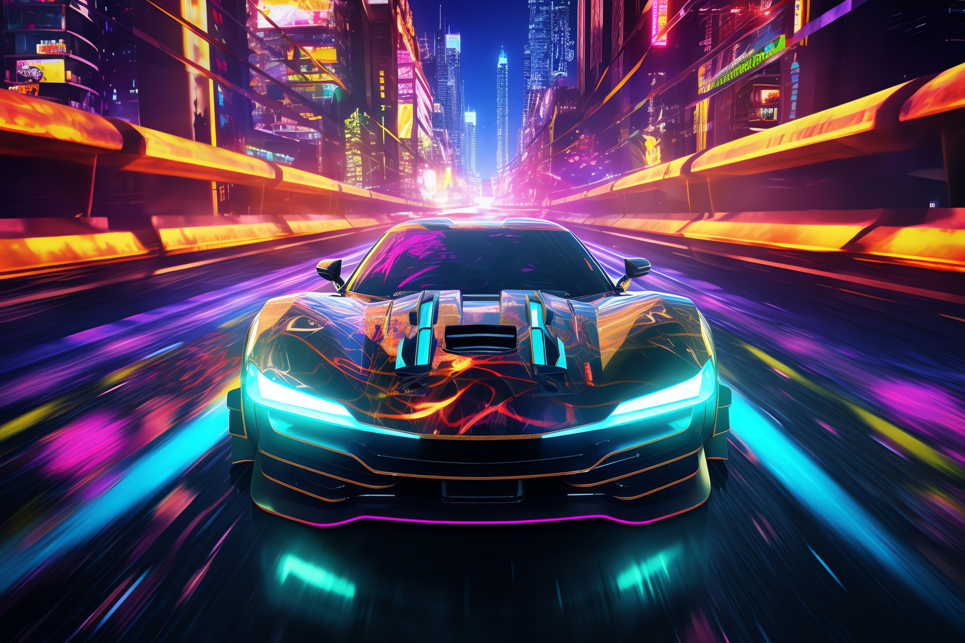 Futuristic neon automobile, cityscape diorama, cyber city lights, front-end aerial view, LED glow, HD Desktop Image