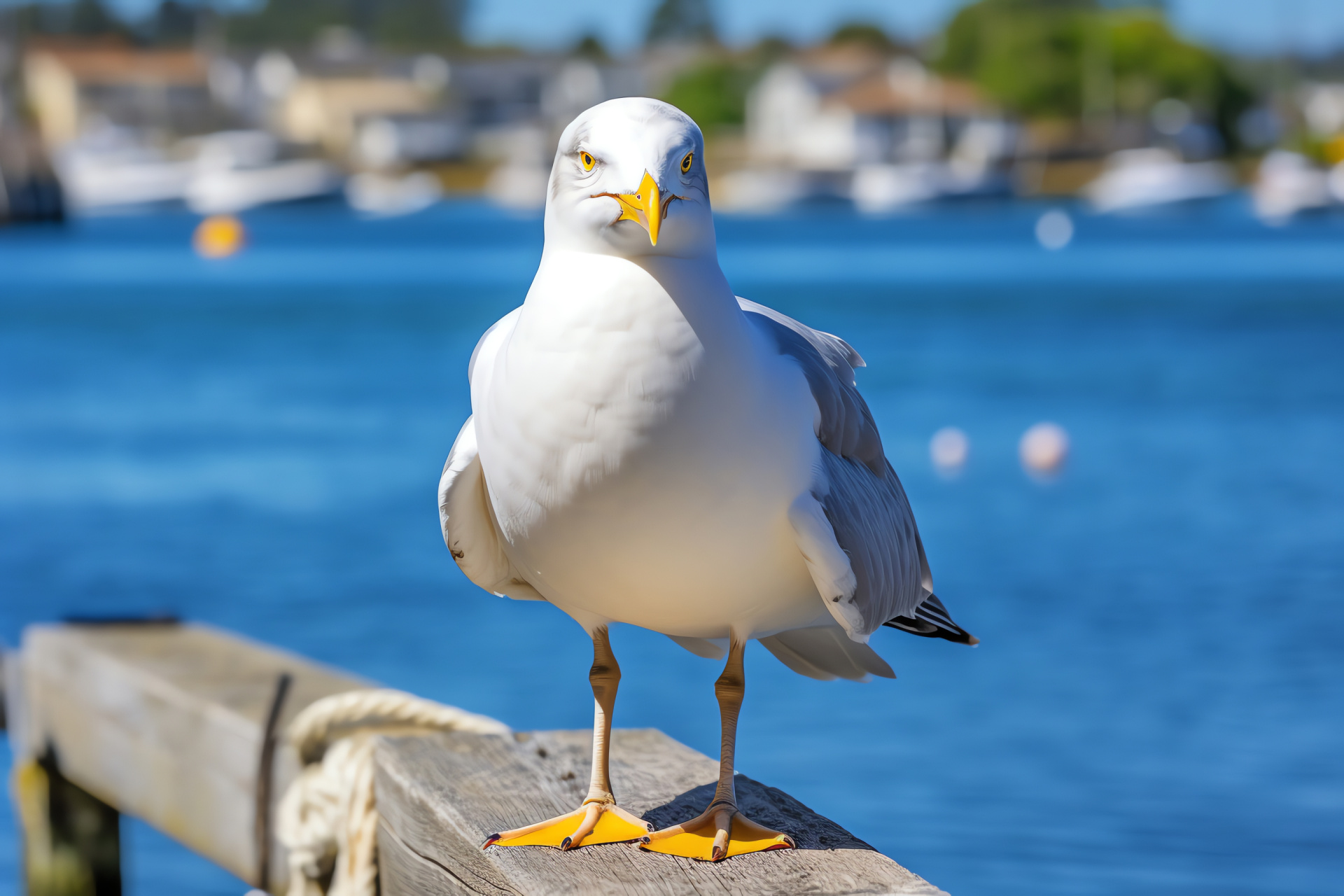 Seabird Seagull, coastal wildlife, avian gaze, maritime resting place, serene harbor atmosphere, HD Desktop Image