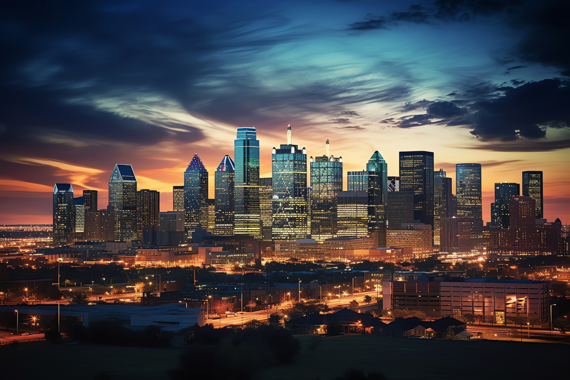 Evening cityscape, Metropolitan skyline, Sunset ambiance, Twilight urban vista, Nightfall over metropolis, HD Desktop Image