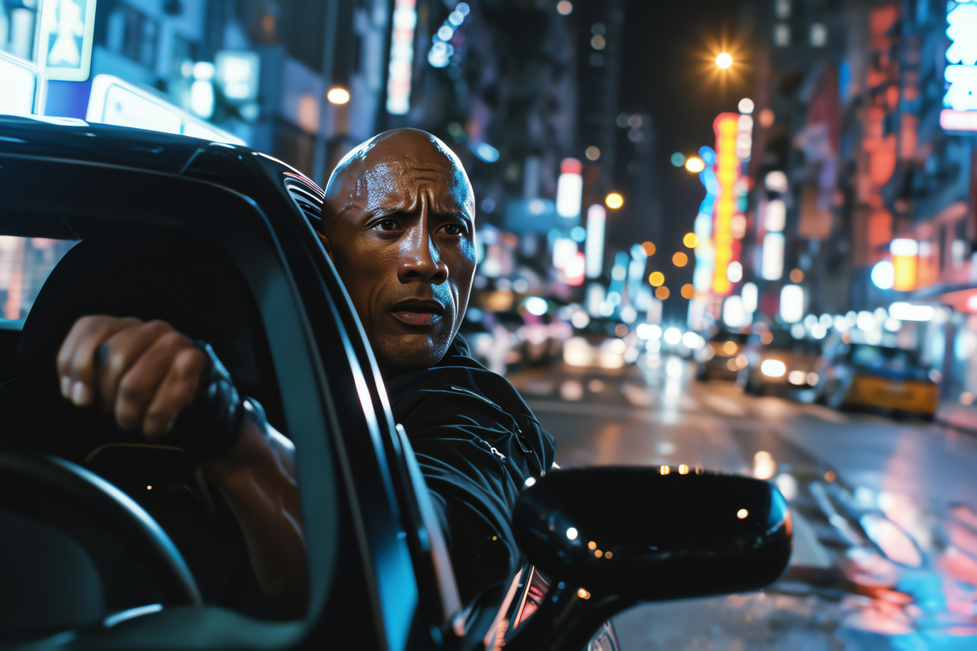 Dwayne Johnson as Luke Hobbs, Fast & Furious Saga, Action-packed sequences, Hollywood actor, Performance vehicle, HD Desktop Image