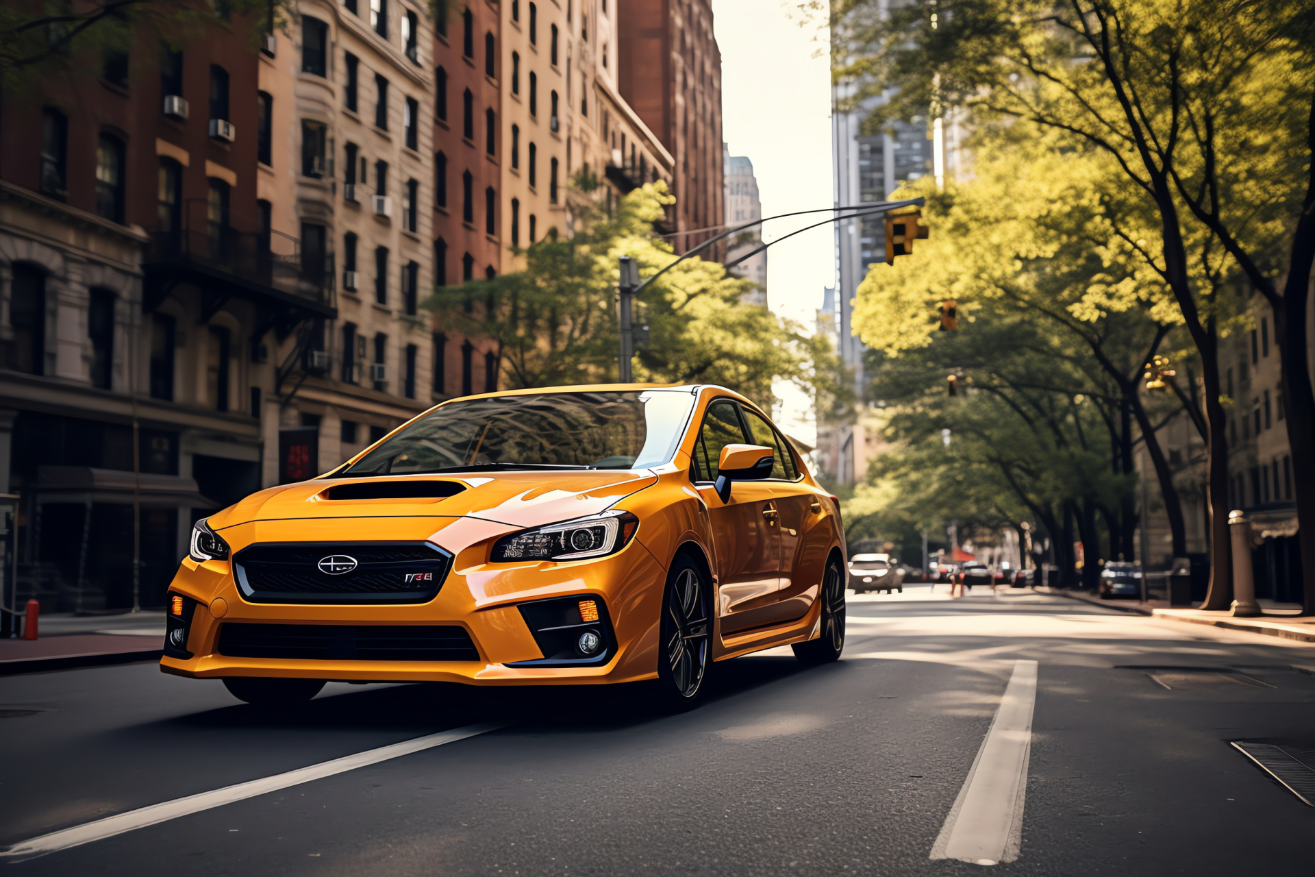 Subaru WRX hatchback, vivid urban orange, New York City streets, distinctive sportiness, metropolitan agility, HD Desktop Wallpaper