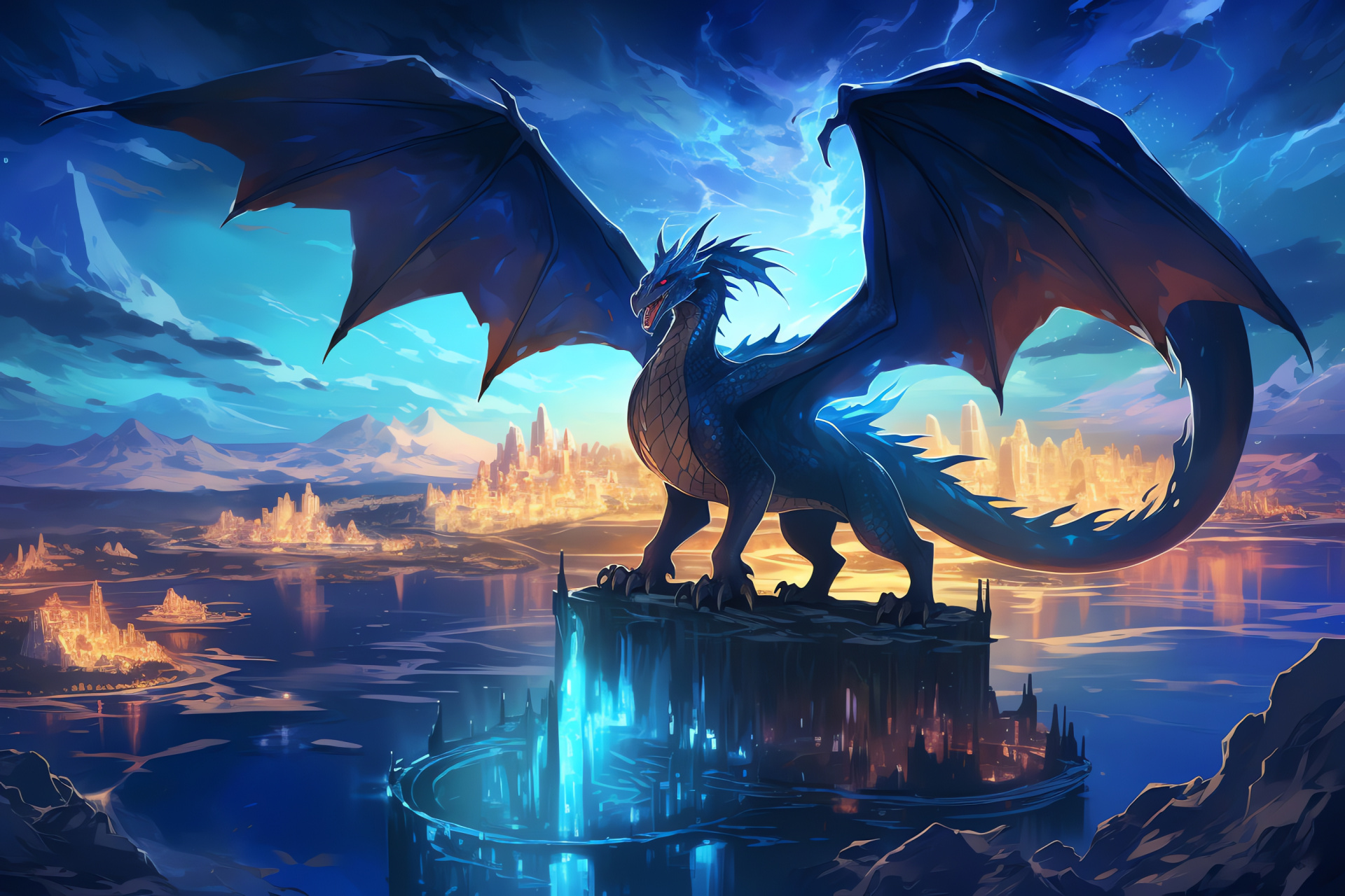 Pokemon Mega Charizard, gaming fantasy, mystic sky-island, levitating terrains, creature, HD Desktop Image