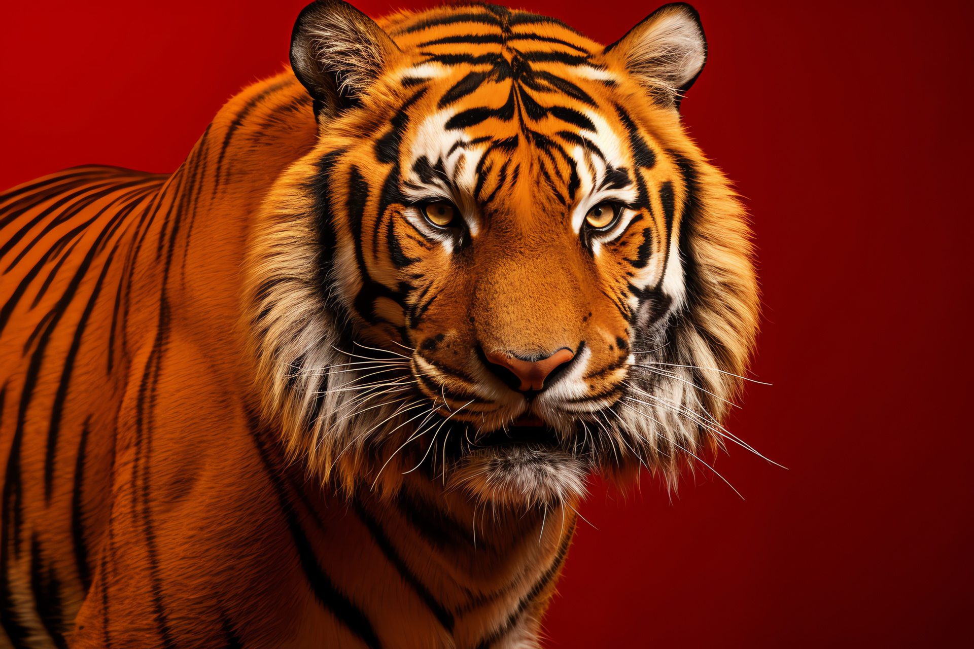 Tiger close-up, Golden eye detail, Big cats, Pure red background contrast, Striking feline, HD Desktop Wallpaper