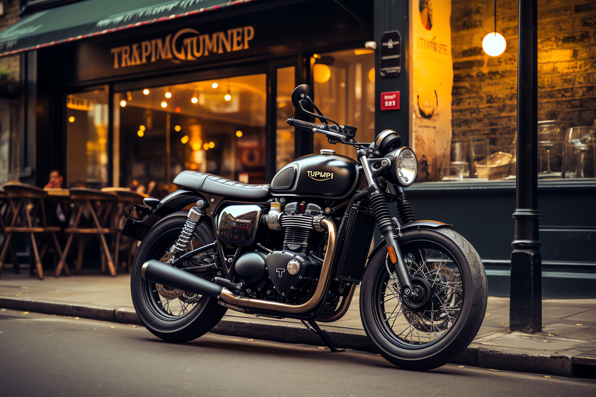 Triumph Bonneville Bike, London street ride, Black Triumph motorcycle, Classic spokes, British motorcycling, HD Desktop Image