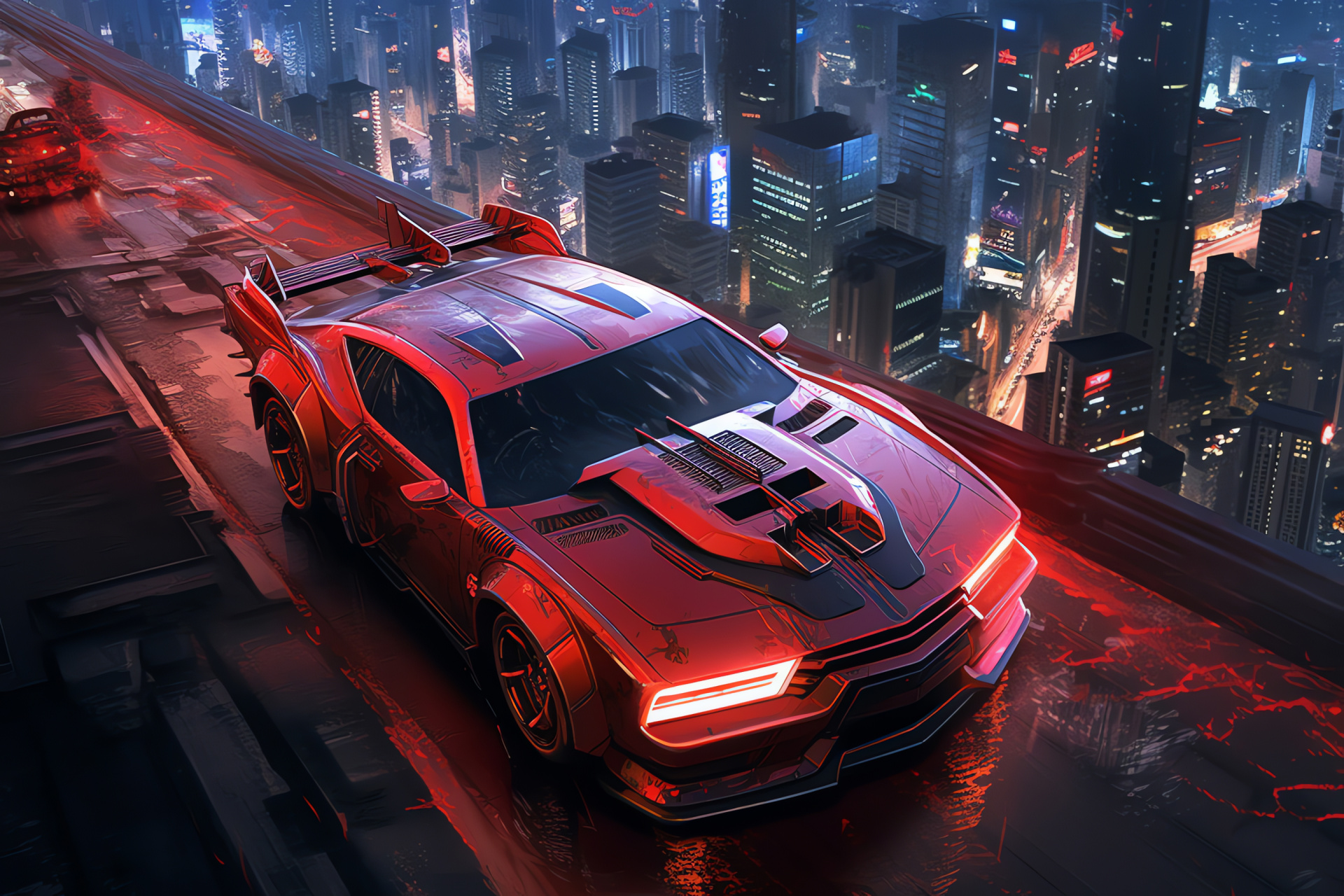 Ws6 Trans Am, Pontiac car, cyberpunk theme, cityscape driving, American muscle car, HD Desktop Wallpaper