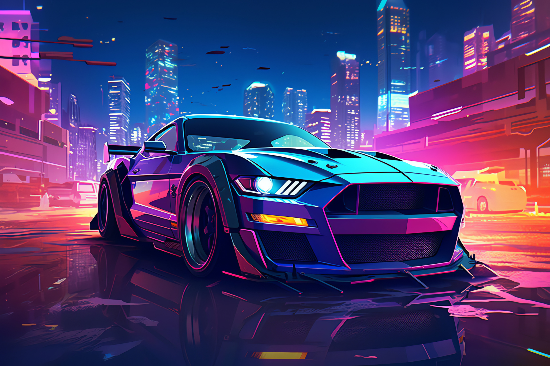 Muscle car above, Cyberpunk urban vision, Neon illumination, Automotive silhouette, Modern landscape, HD Desktop Wallpaper