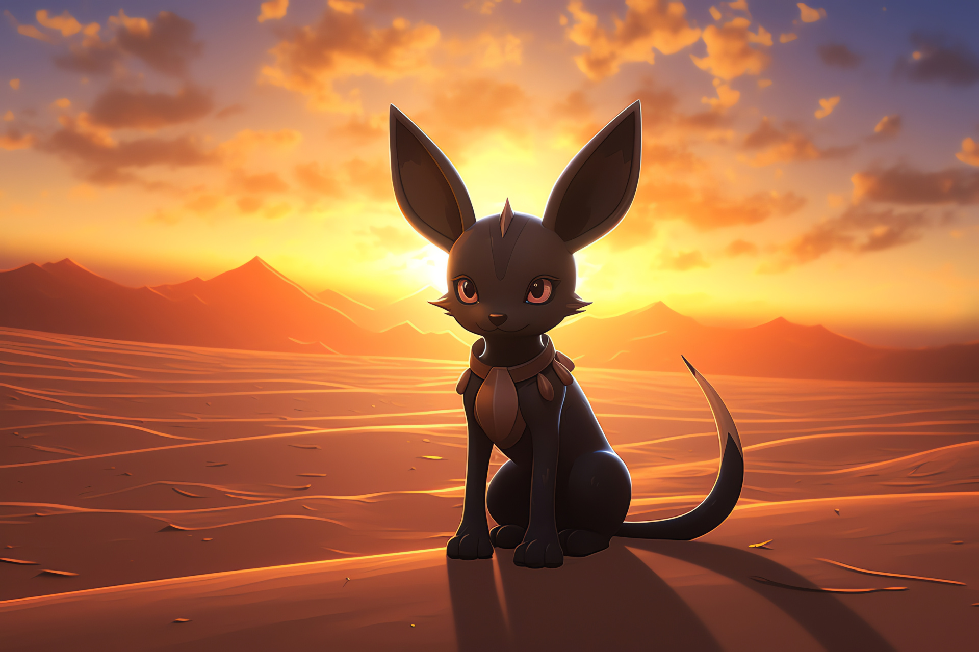 Umbreon adventure theme, Gaming environment, Desert dusk setting, Sand wave terrain, Twilight atmosphere, HD Desktop Image