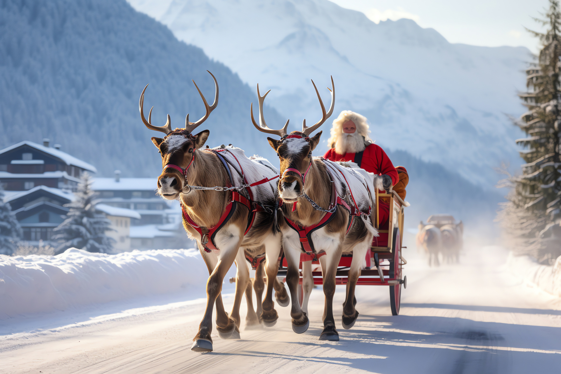 Reindeer mascot, Snowy Swiss scene, Alpine charm, Mountainous backdrop, Seasonal imagery, HD Desktop Image