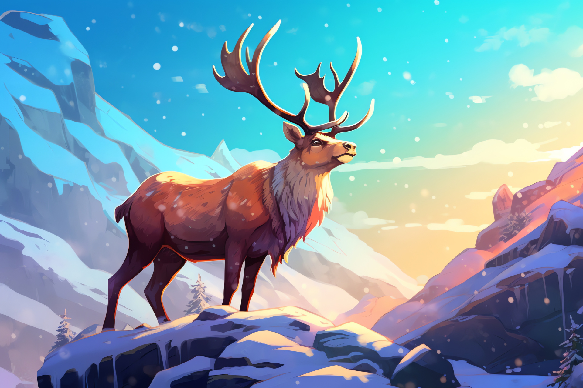 Reindeer, grandiose antlers, winter coat, snowy expanse, hilltop serenity, HD Desktop Image