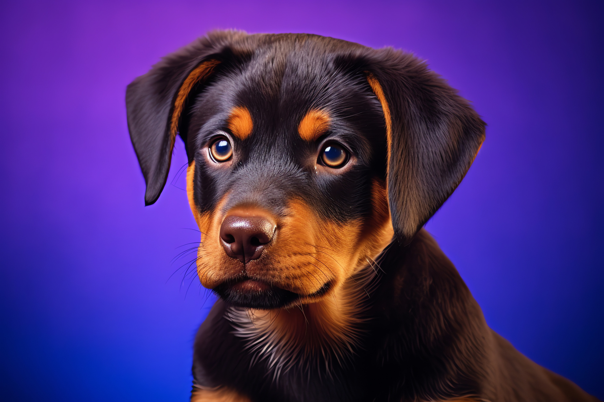 Rottweiler with blue eyes, canine striking gaze, sleek black fur, detailed close-up, tri-color backdrop, HD Desktop Image