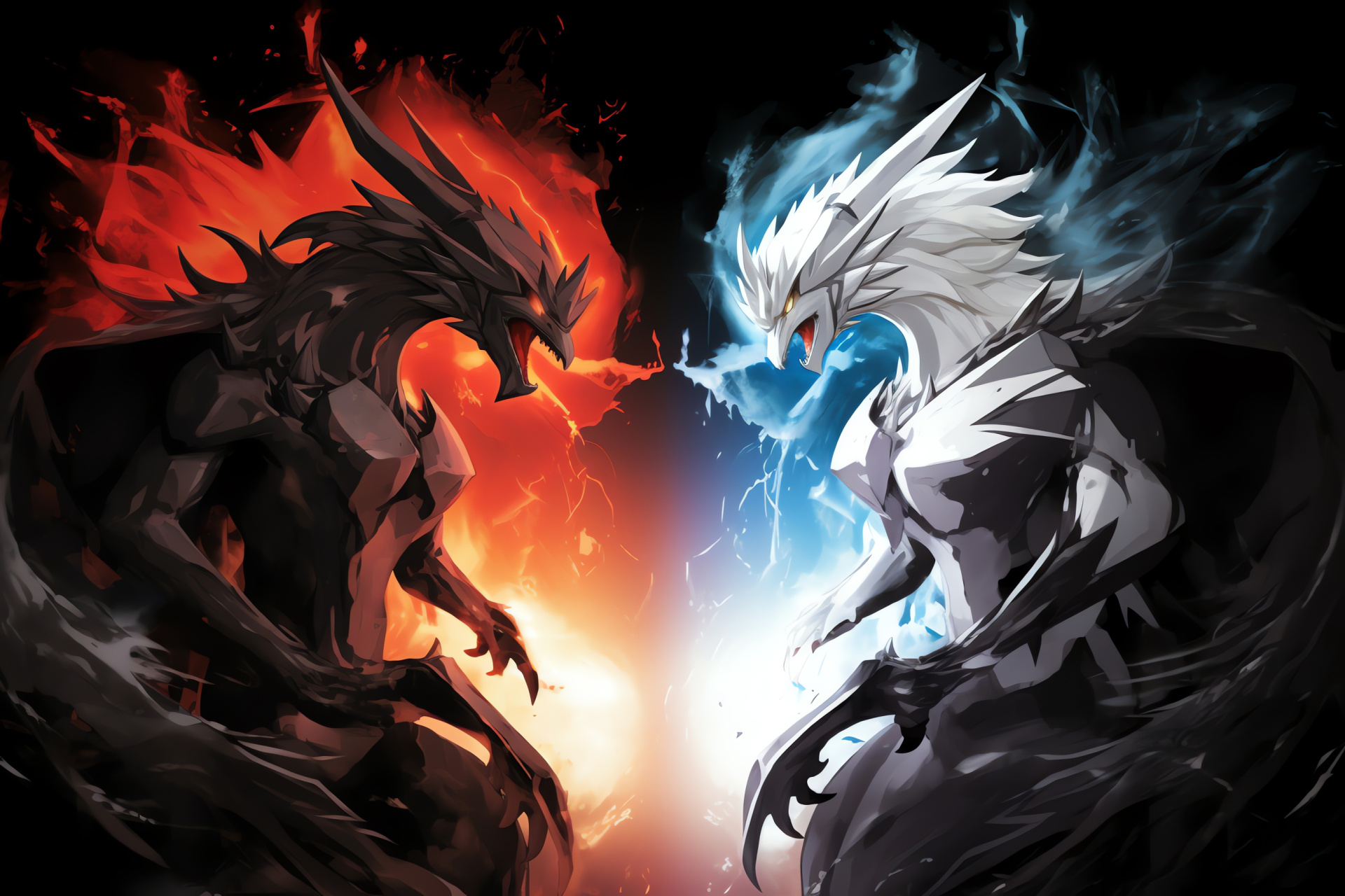 Legendary Reshiram, Zekrom encounter, Dragon/Fire-type, Pokmon Yin Yang, Dynamic stance, HD Desktop Wallpaper