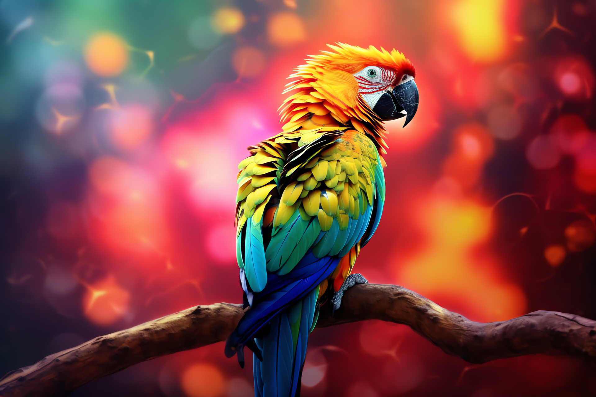 Exotic bird perched, Parrot vivid plumage, Flora color mix, Fauna swirl patterns, HD Desktop Image