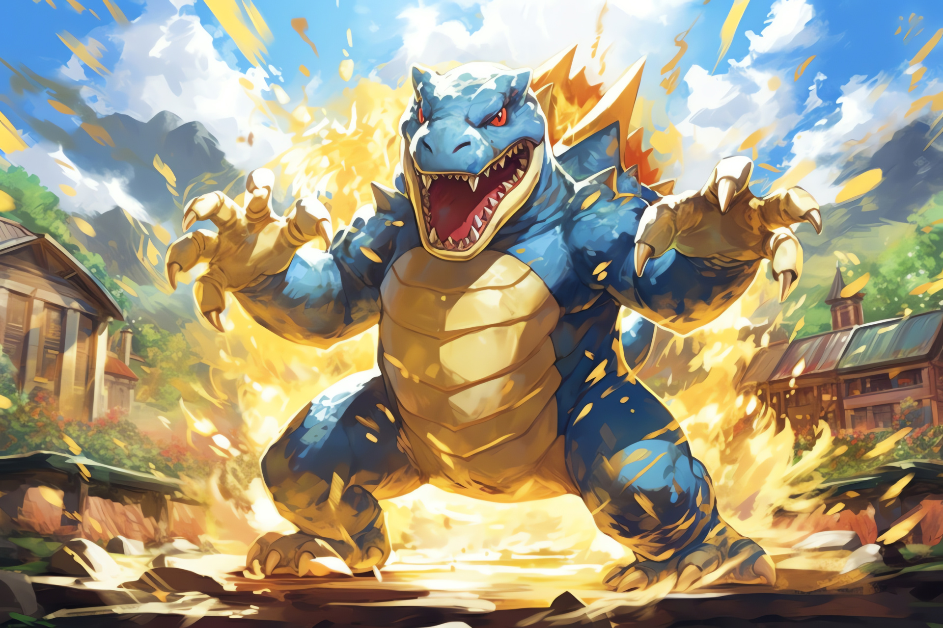 Totodile Pokmon form, Combat readiness posture, Dragon Dance technique, Animated fierce expression, Dynamic battle scenario, HD Desktop Image