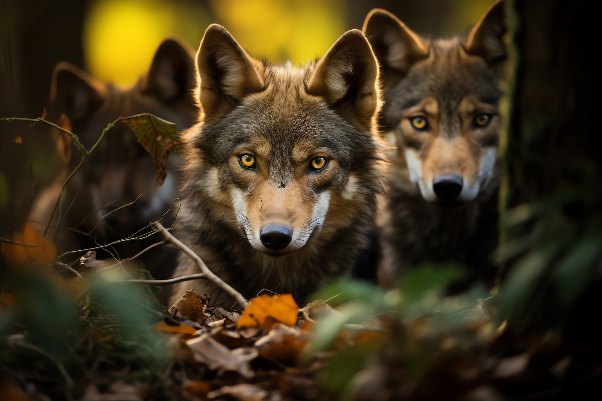 Balkan wolves pack, Canid green iris, Brown pelts, Woodland habitat, Euro-Asian species, HD Desktop Image