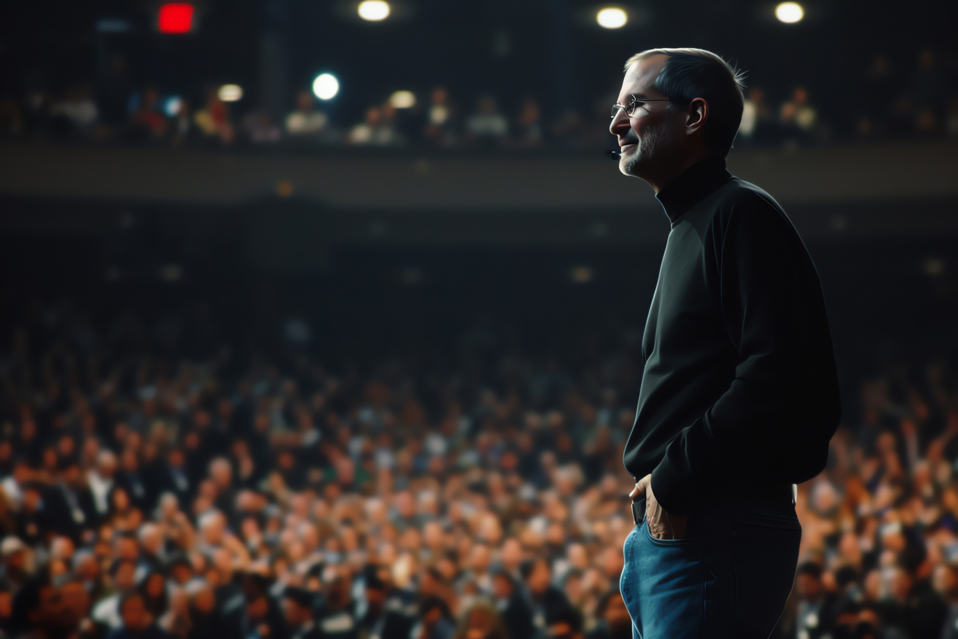 Icon Steve Jobs, tech community fixture, signature clothing style, casual denim, keynote assurance, HD Desktop Wallpaper