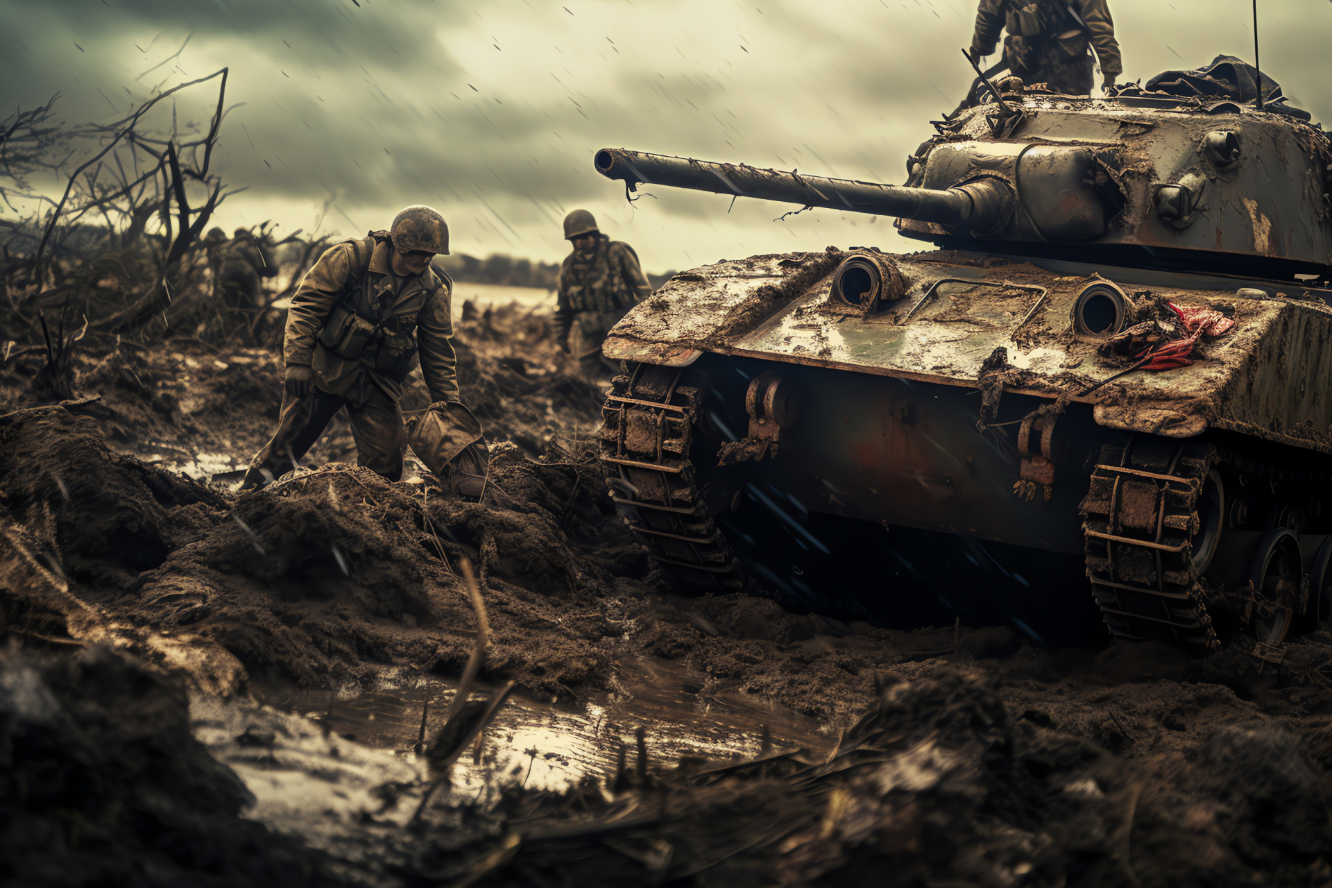 Normandy battle scene, military forces, armored vehicles, combat zone, protective headgear, HD Desktop Wallpaper