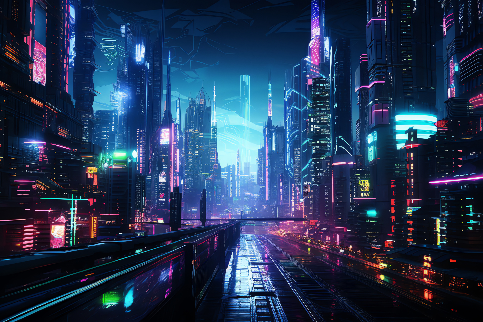 Science Fiction Urbanism, Towering Edifices, Cyberpunk Ambience, Glowing Signs, Futuristics Cityscape, HD Desktop Image