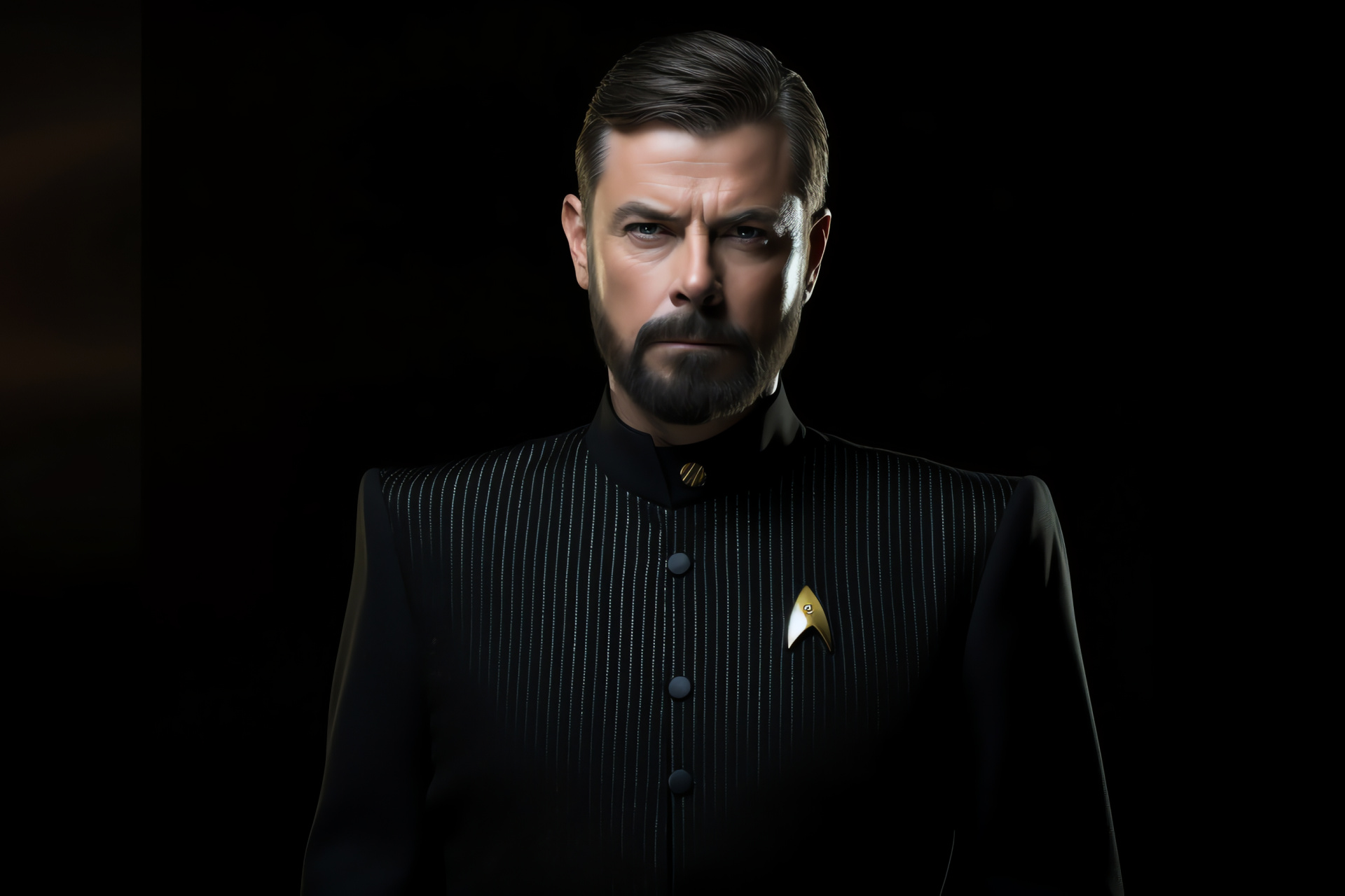 Starfleet officer Riker, Confident demeanor, Alluring smile, Command uniform, Sci-fi series, HD Desktop Image