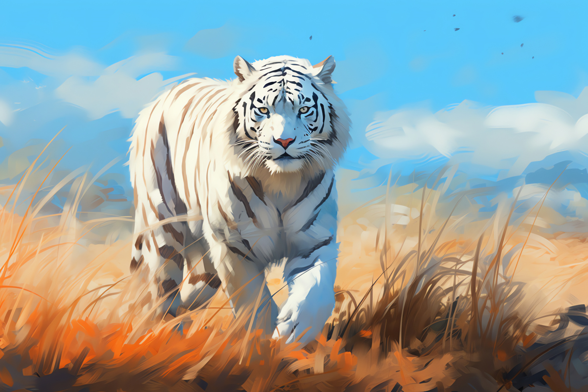 White Tiger, striking blue gaze, pristine fur, African Savannah, majestic feline flow, HD Desktop Image