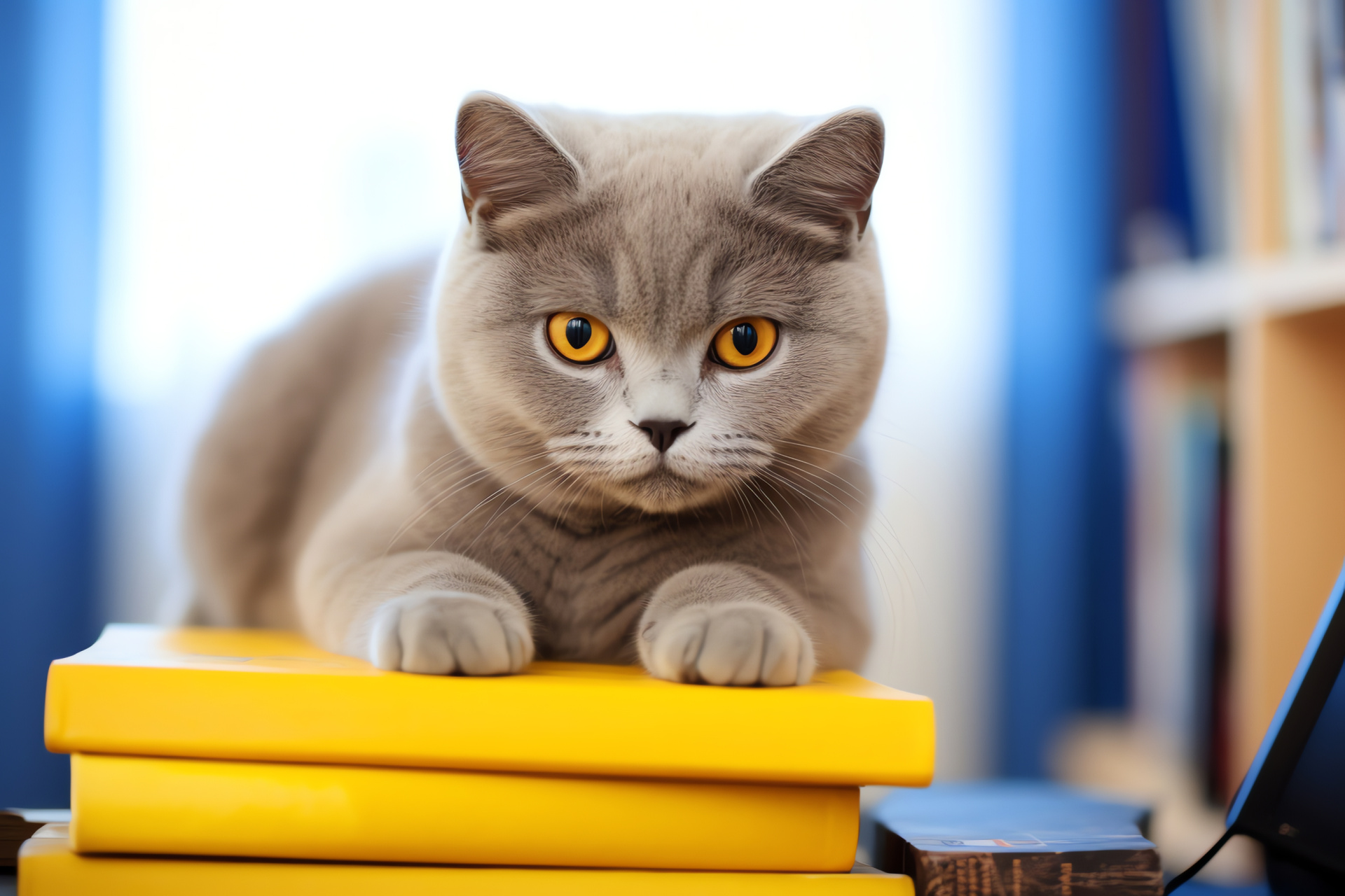 British Shorthair gaze, feline blue fur, pet companionship, domestic breed, cozy home environment, HD Desktop Wallpaper