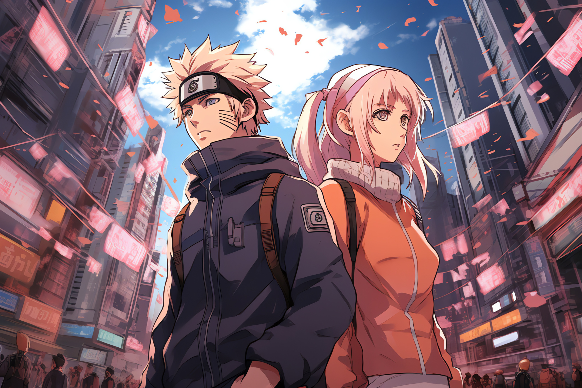 Naruto Uzumaki with Sakura Haruno, Urban environment illustration, Anime metropolis setting, Skyscraper skyline art, Illuminated advertisement panels, HD Desktop Image