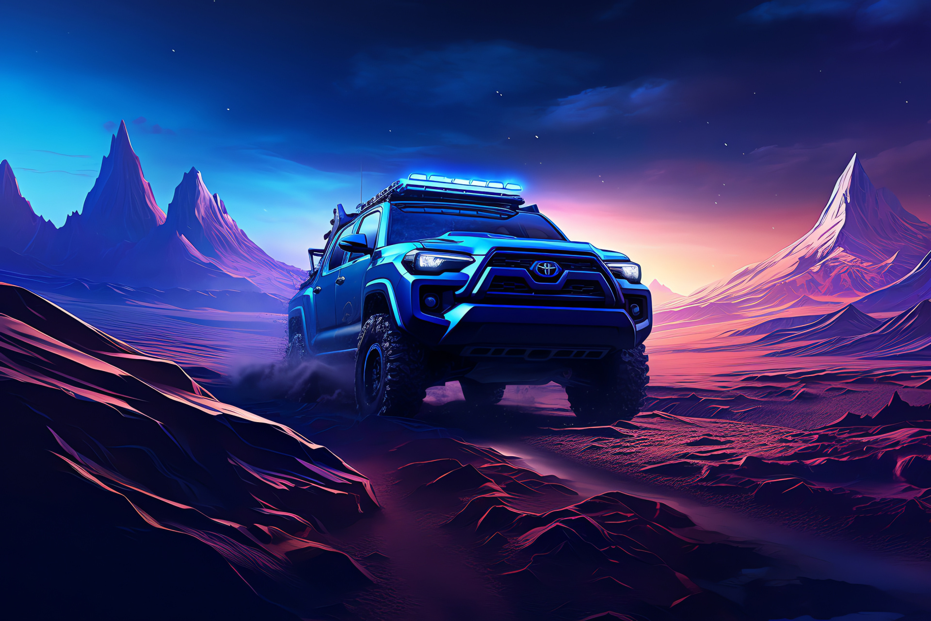 Toyota Pro 86 TRD, Futuristic visions, Aerial spectacle, Neon aurora imitation, Electric blue allure, HD Desktop Wallpaper