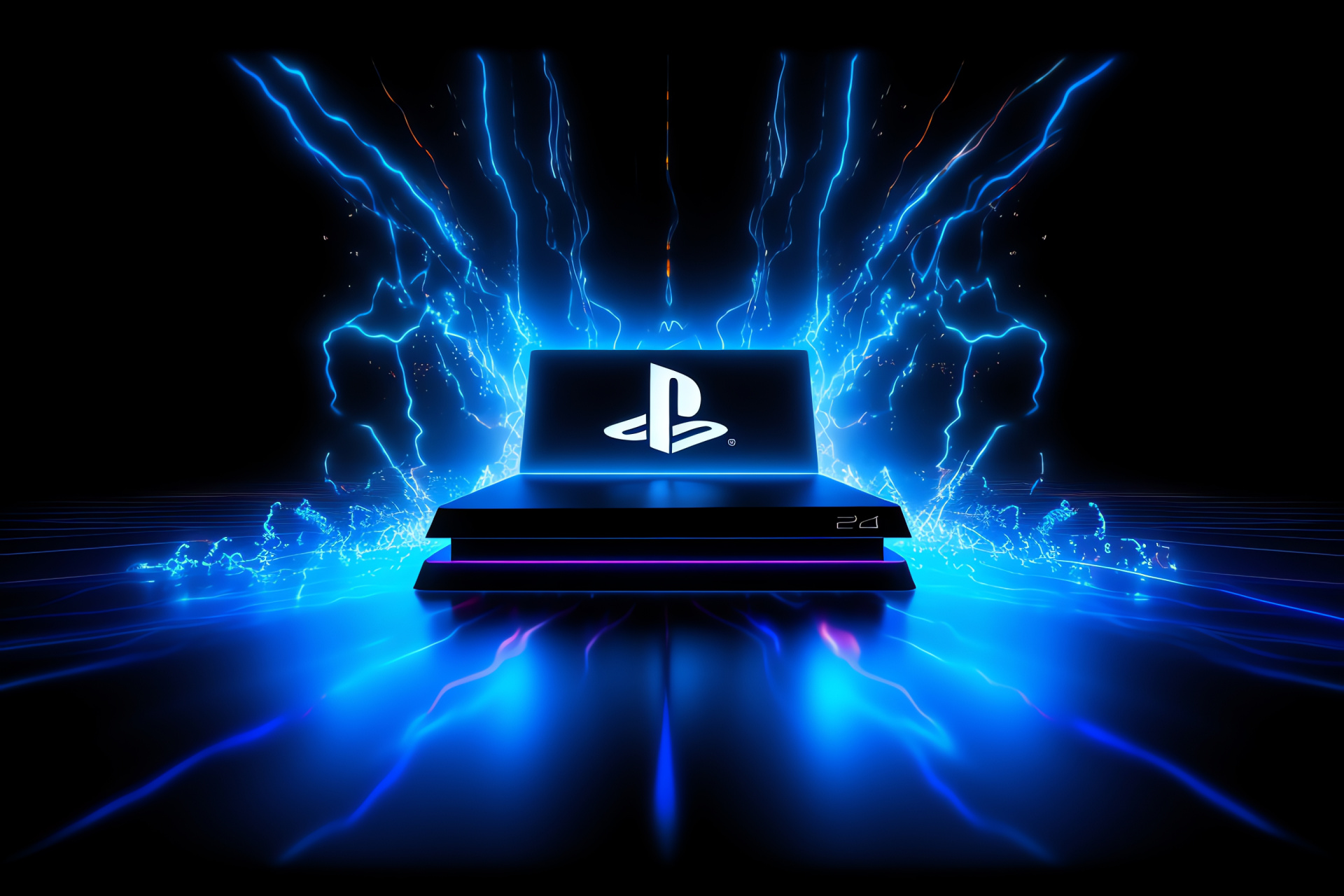 PlayStation mark, jet black setting, visual interference, chic design, new-age vibe, HD Desktop Image