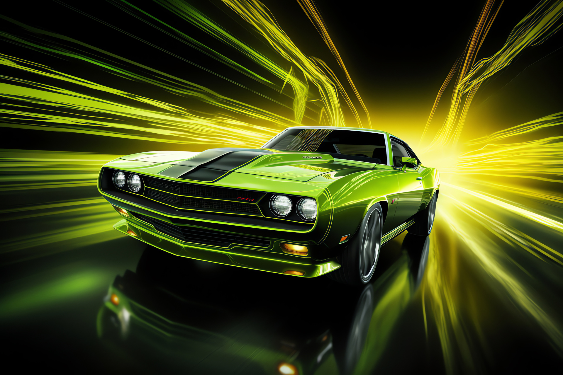 High-Performance Muscle Car, Vibrant Green Shade, Angular Display, Power Stance, Automotive Muscle, HD Desktop Image