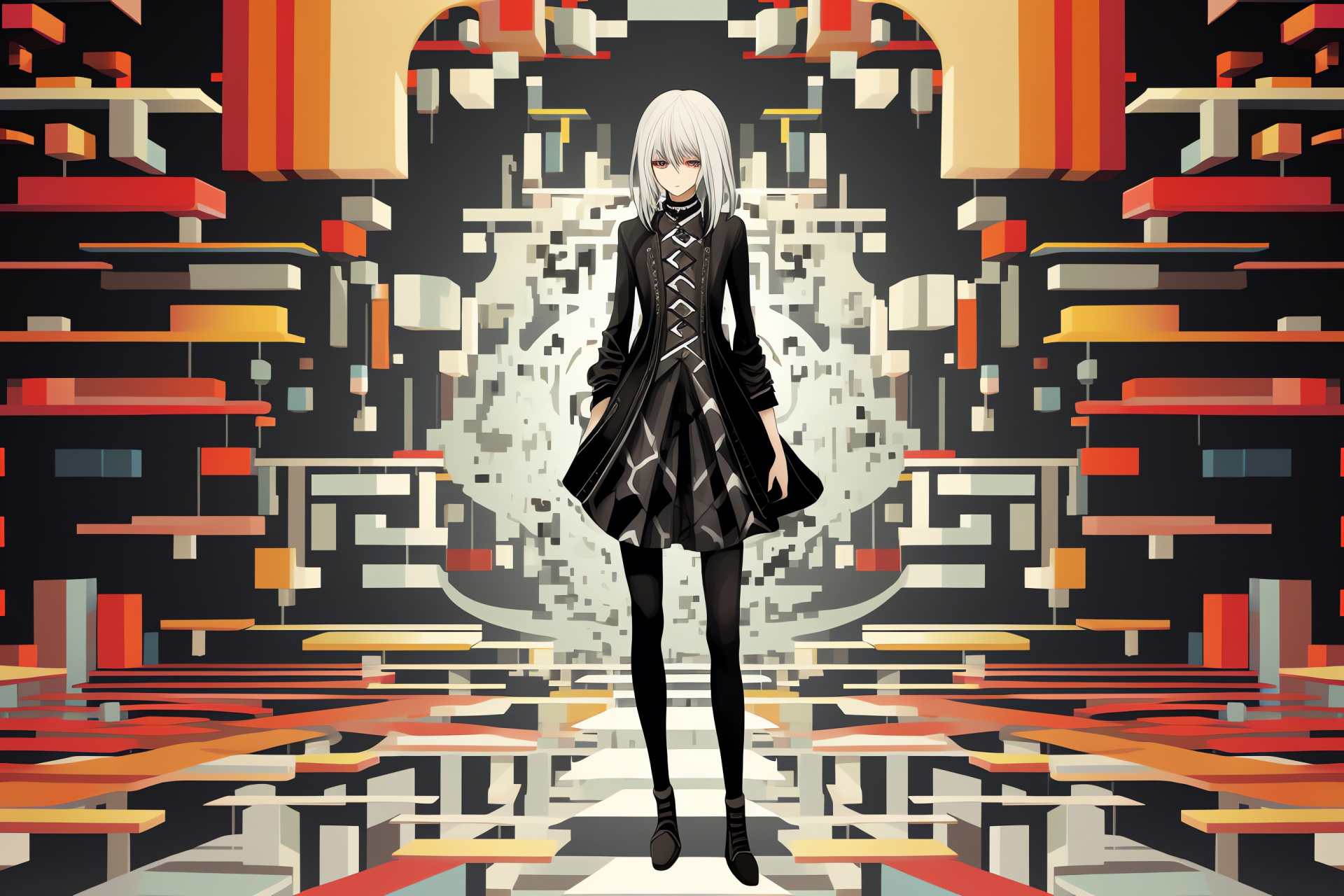 Nier Gestalt mage, Assured character stance, Insightful brown eyes, Enigmatic tome, Abstract design ambiance, HD Desktop Wallpaper