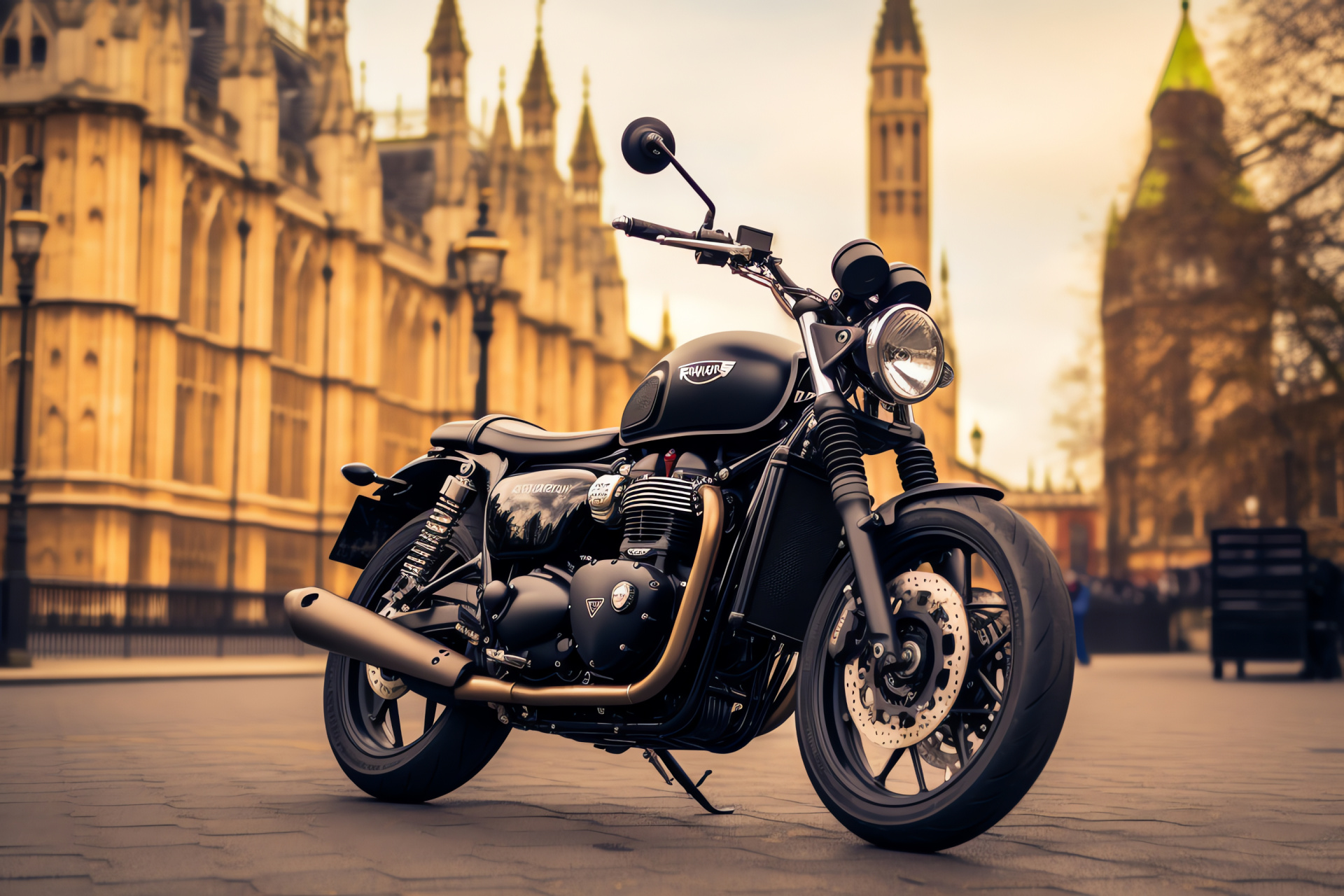 Triumph Bonneville, London iconic landmarks, Street Twin model, sleek black sheen, British motorcycle heritage, HD Desktop Image