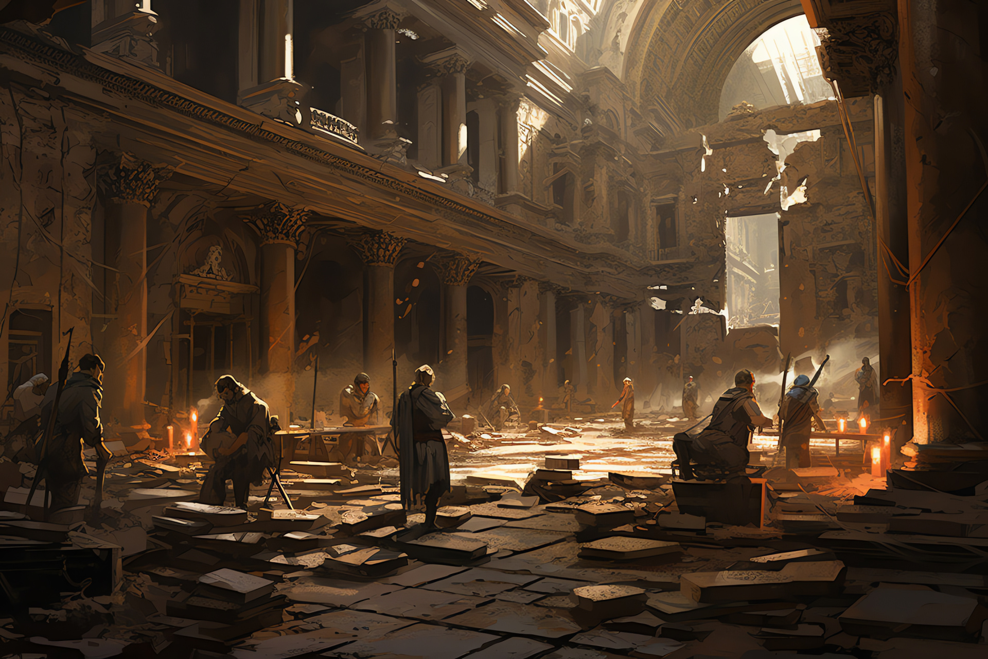 Ancient Pantheon setting, Video game archaeology, Historical gaming excavation, Scholarly treasure hunters, Virtual ancient artifacts, HD Desktop Wallpaper