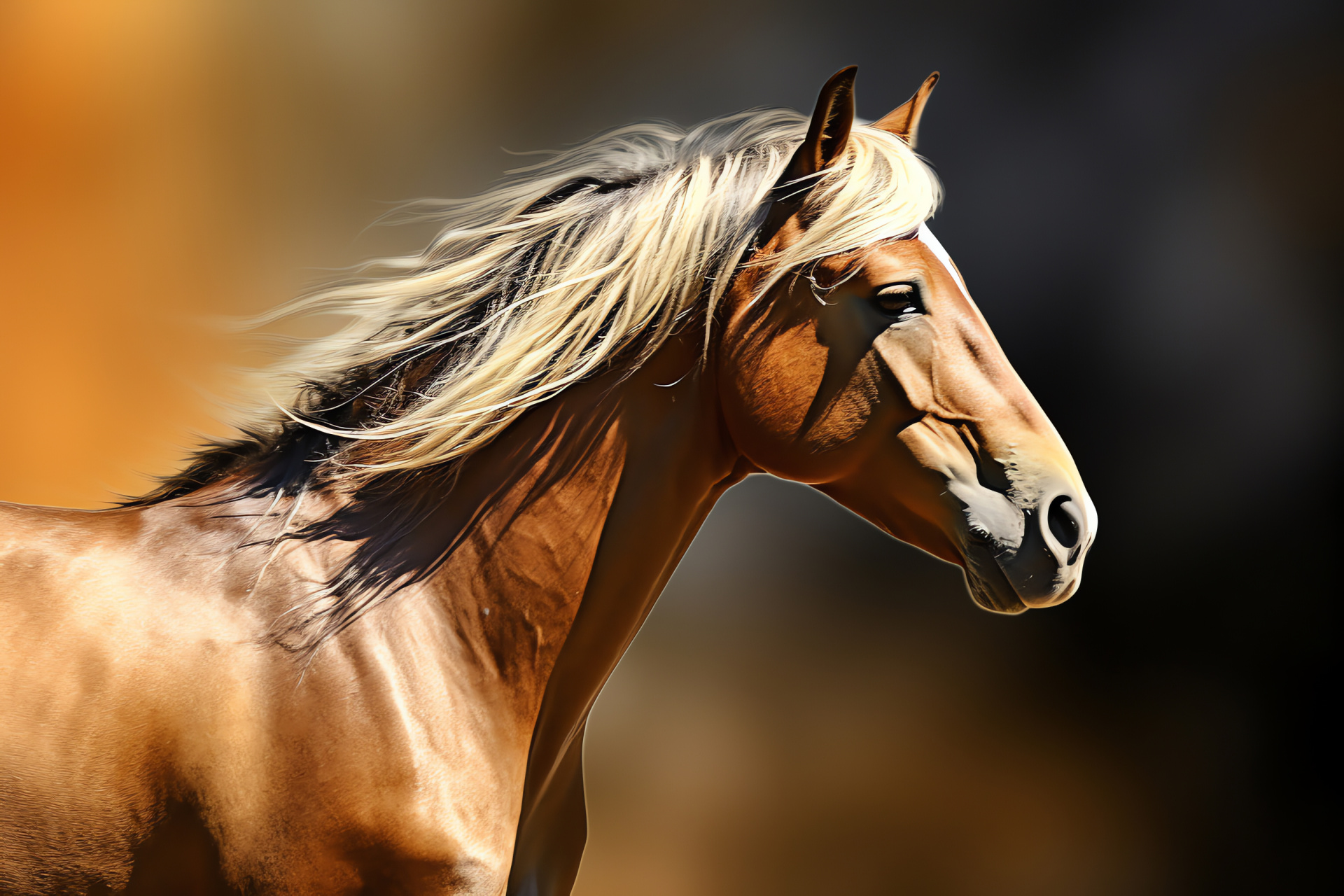 Wild Stallion, Sunlit mane, Golden equine, Pastoral grazer, Free-ranging herd, HD Desktop Image