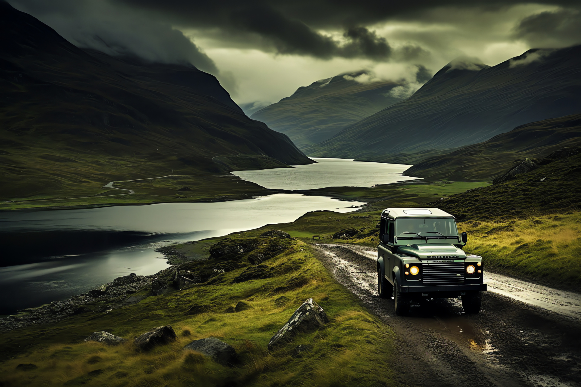 Land Rover Defender, Scottish rugged landscape, British 4x4, Heritage off-road, Highland adventures, HD Desktop Image