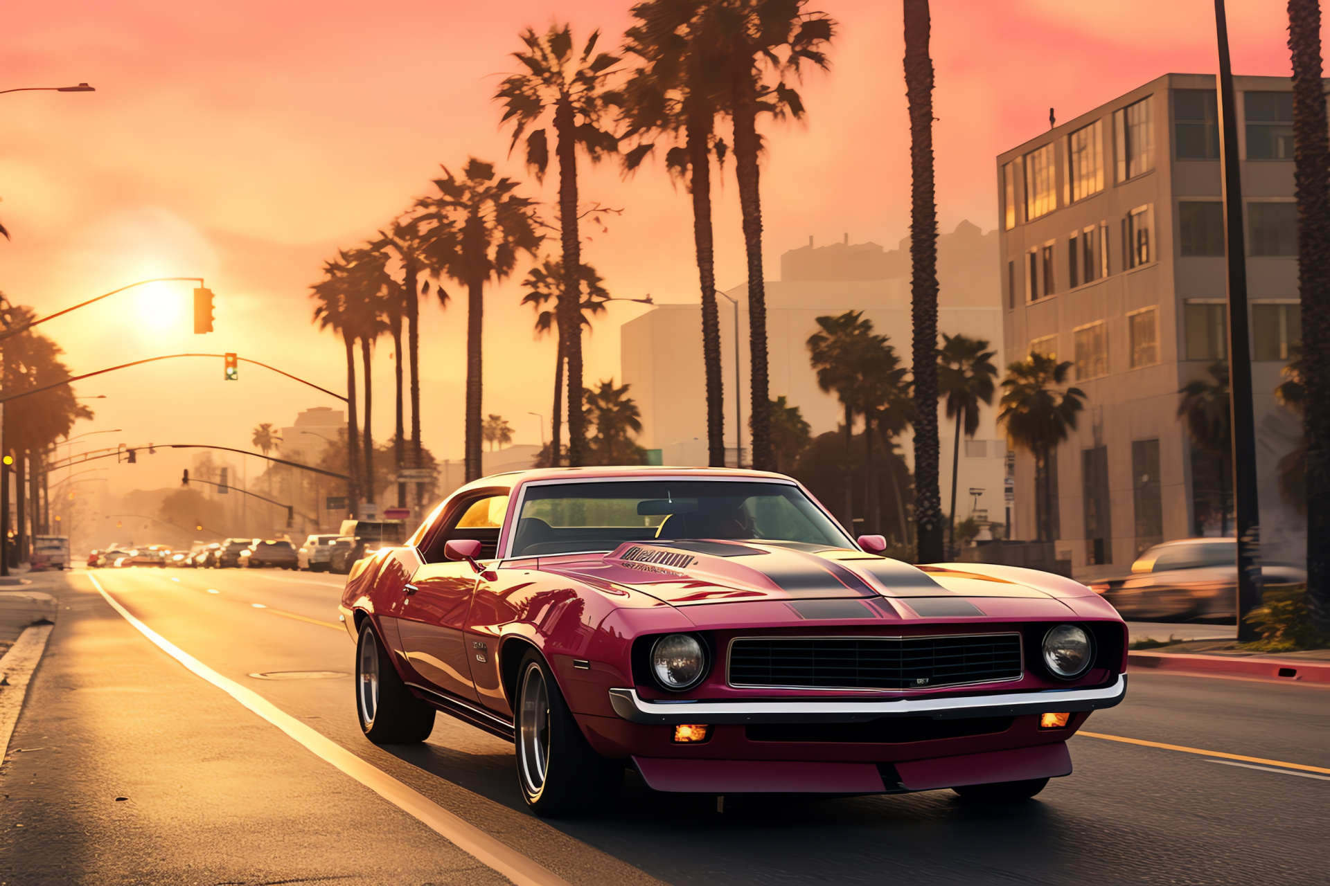 Pink Chevrolet Camaro, Los Angeles allure, Sunset Strip energy, Californian palm silhouettes, iconic billboards, HD Desktop Image