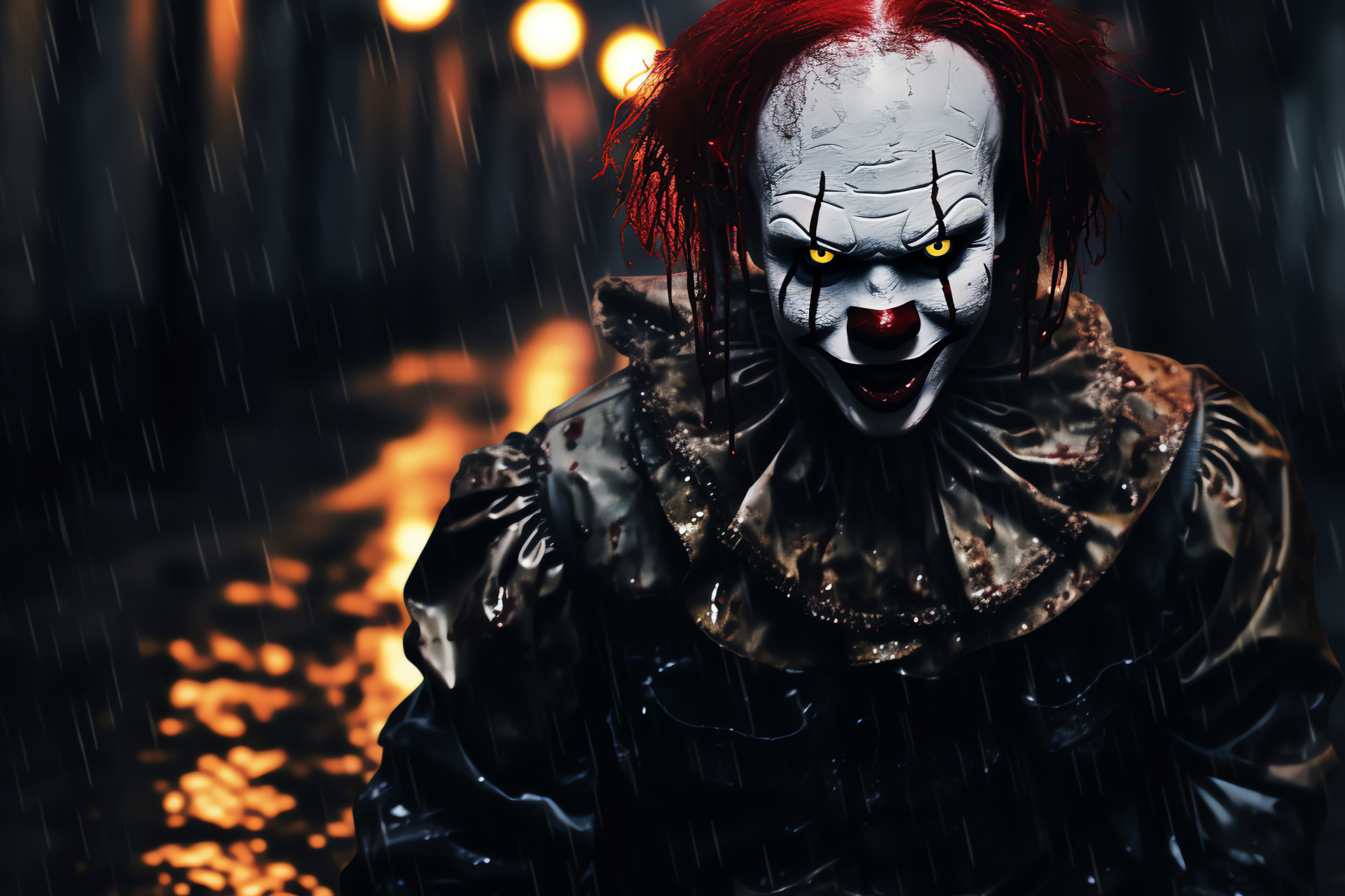 Terrifying Pennywise scene, gloomy weather, stormy drain, wet road, eerie luminescence, HD Desktop Wallpaper