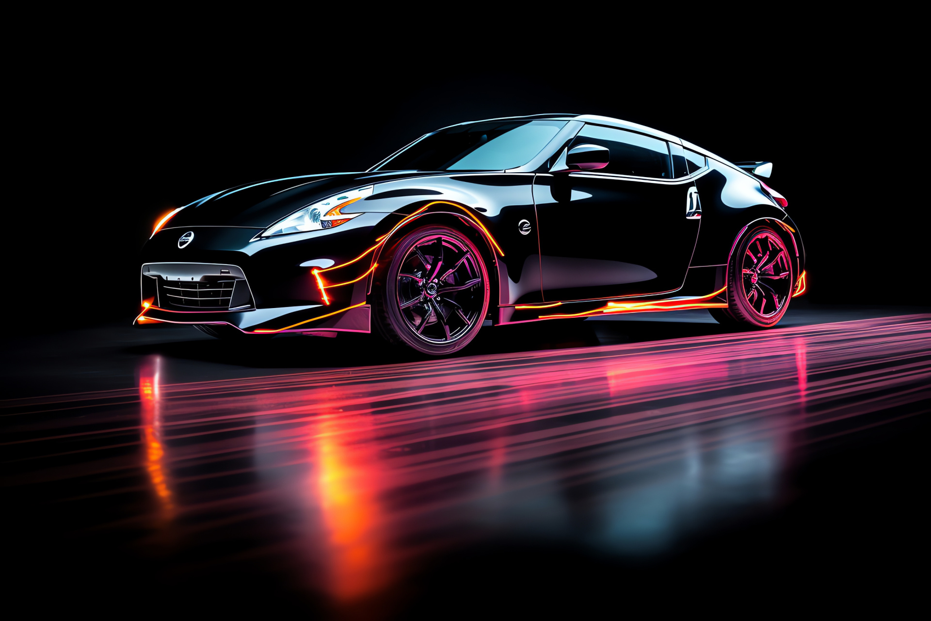 Nissan 370Z dynamic pose, Black canvas, Three-color vibrance, Luminous style lines, Sporty automobile, HD Desktop Wallpaper