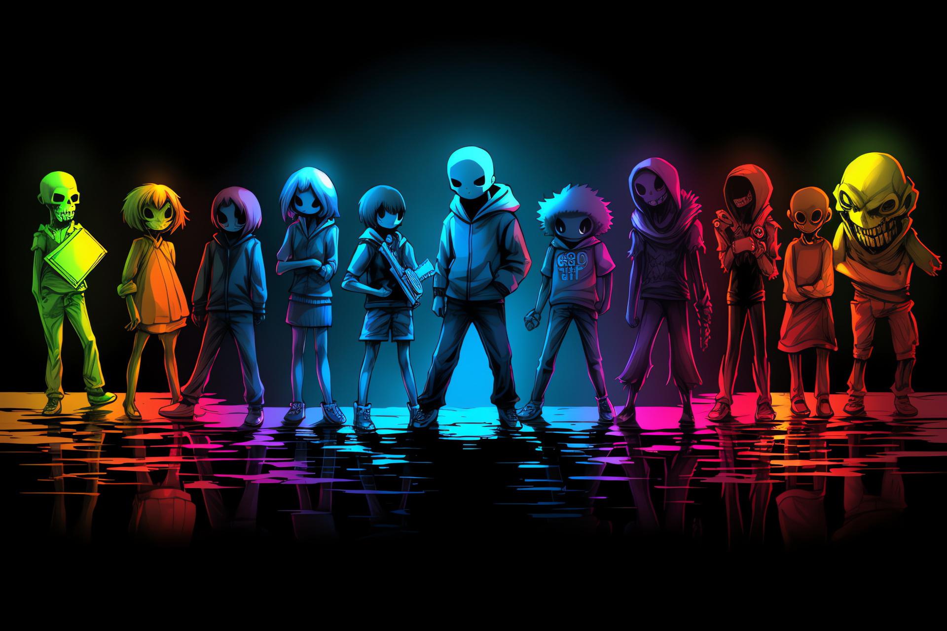 Classic Undertale heroes, HD rendition, Frisk leading, Mettaton's charm, Napstablook's uniqueness, HD Desktop Wallpaper