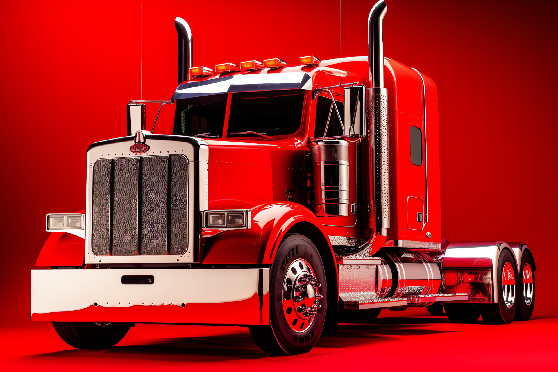 Peterbilt 389 Lorry, Tractor Trailer, Transporter Elevated View, Red Glossy Finish, Automobile Showcase, HD Desktop Wallpaper