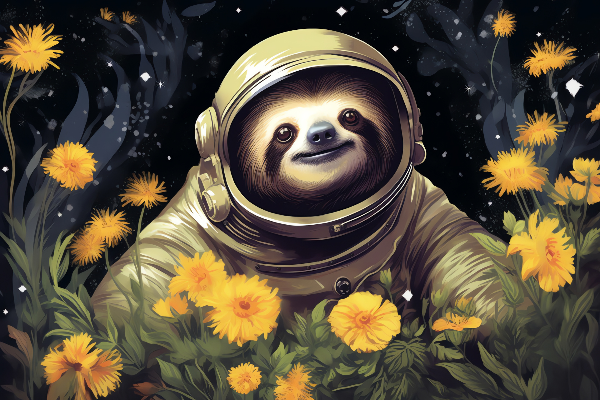 Fantasy space sloth, whimsical yellow stare, blooming space garden, cosmic flower power, serenity, HD Desktop Image