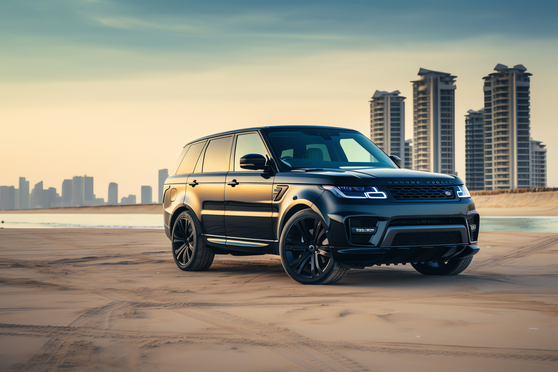 Range Rover Sport, 2018 Dubai SVR, high-end Carbon Edition, Arabian beach scene, Jumeirah coastline, HD Desktop Wallpaper