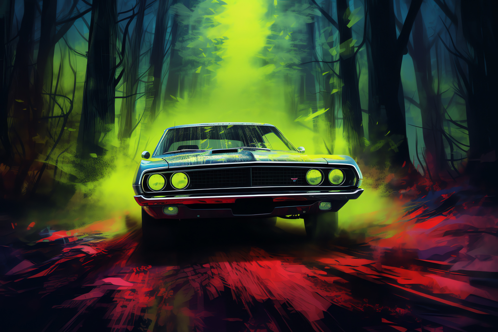 Vintage auto in forest, American muscle car, Retro style, Enchanted woods, Nostalgic vehicle, HD Desktop Image