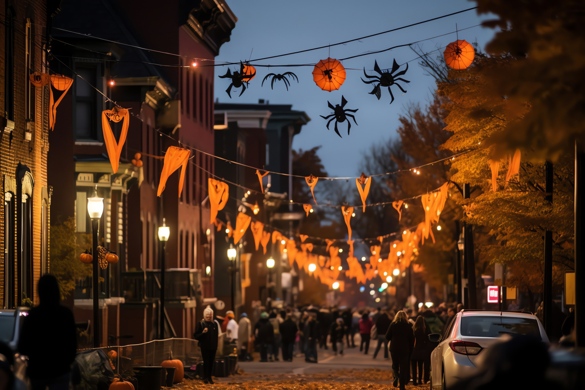 Halloween festivity, Salem charm, autumnal street decor, eerie bat swarms, mystical Jack-o'-lantern glow, HD Desktop Wallpaper