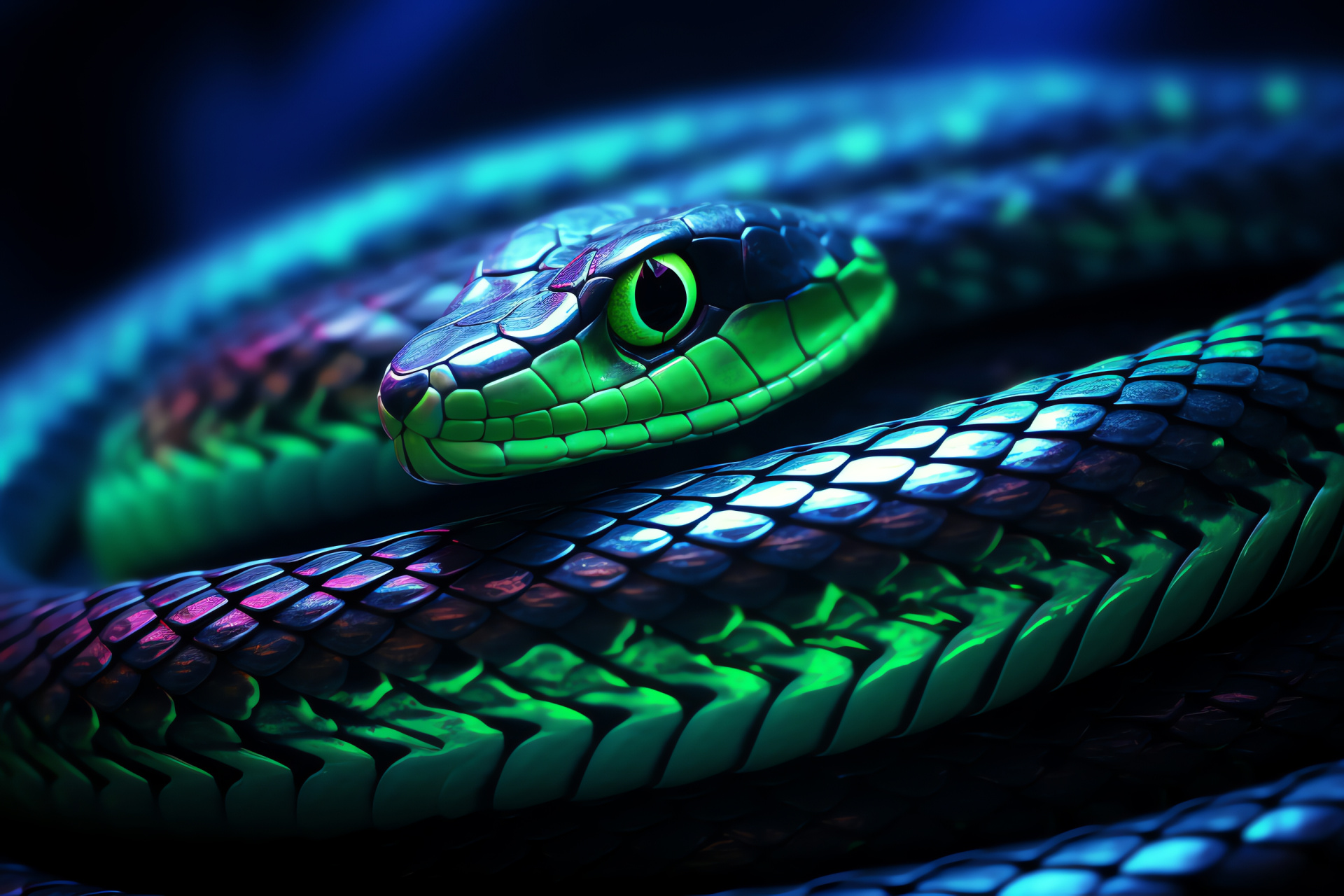 Neon green Snake, Serpentine motion capture, Tri-color backdrop harmony, Luminous reptilian skin, Striking visual effect, HD Desktop Image