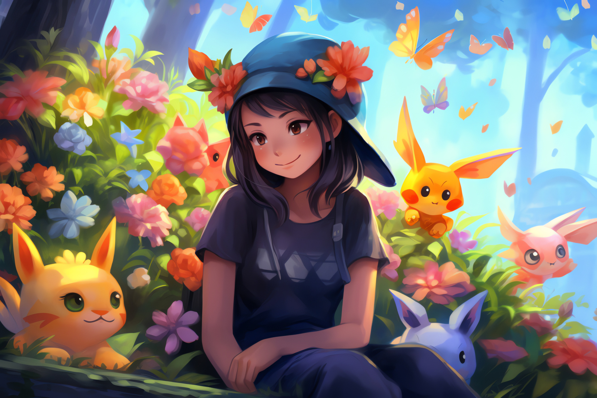 Pokemon breeder Misty, Cerulean City garden, Floral splendor, Restful bench scene, Animated representation, HD Desktop Wallpaper