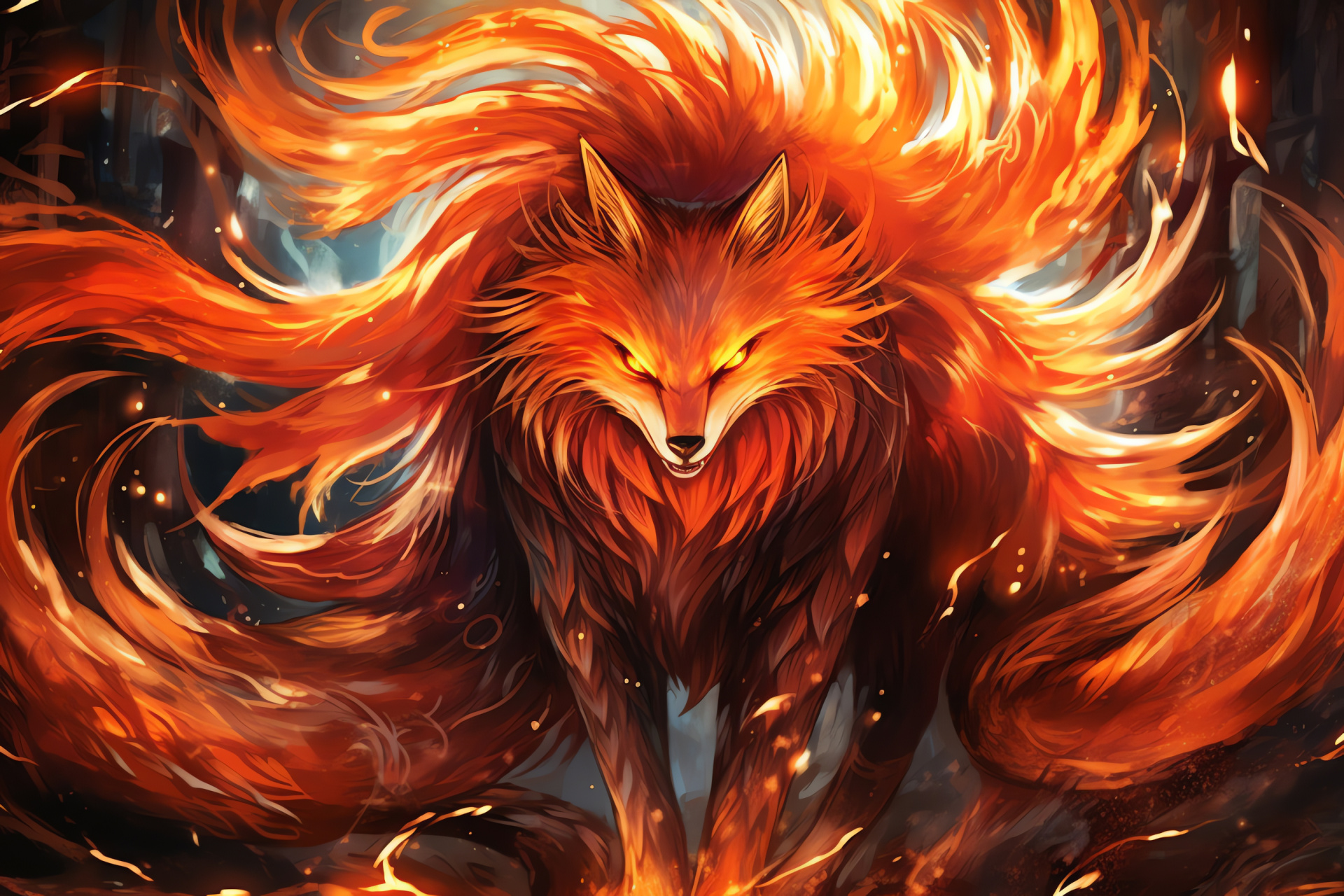 Kurama character art, Iconic Nine-Tailed Fox, Menacing stance, Naruto universe, Feral energy, HD Desktop Wallpaper