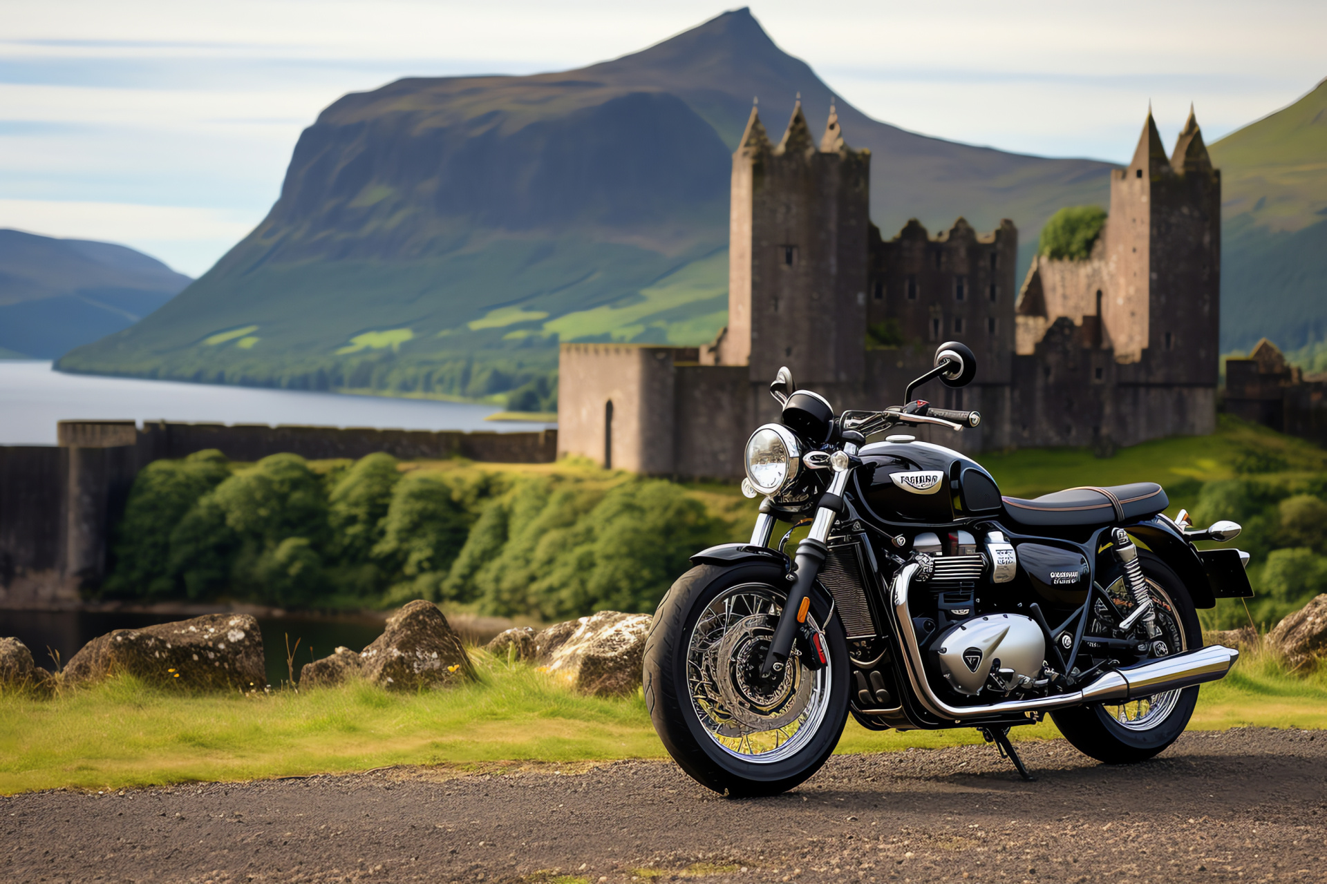 Triumph Bonneville Speedmaster, North Coast 500 route, Scottish highlands, Castle landmarks, Panoramic scenery, HD Desktop Wallpaper
