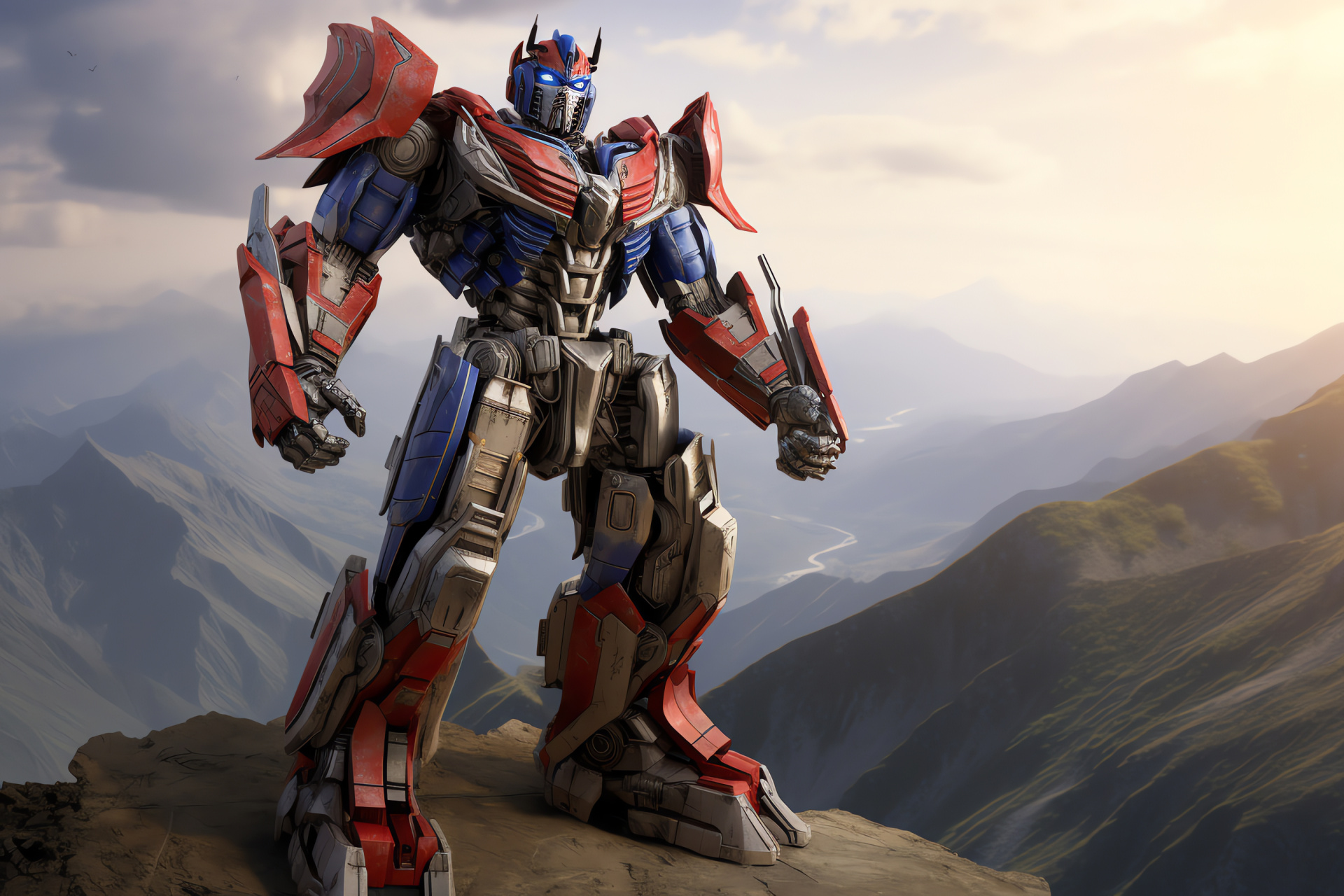 Optimus Prime Cybertronian, robot chieftain, alpine pinnacle, scenic valley, overcast heavens, HD Desktop Image
