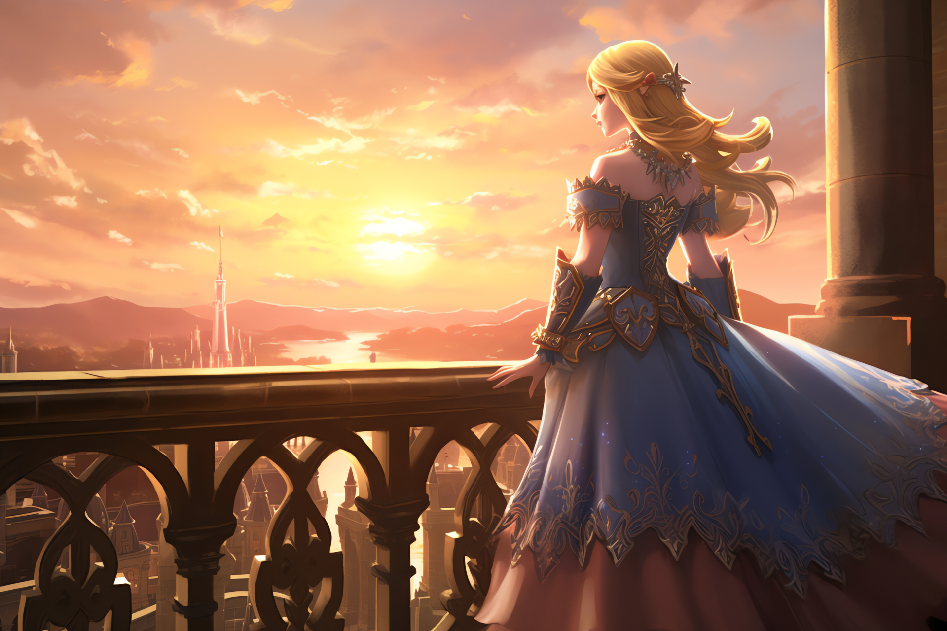 Zelda in armour, Castle vista, Royal domain, Evening ambiance, Link's counterpart, HD Desktop Image
